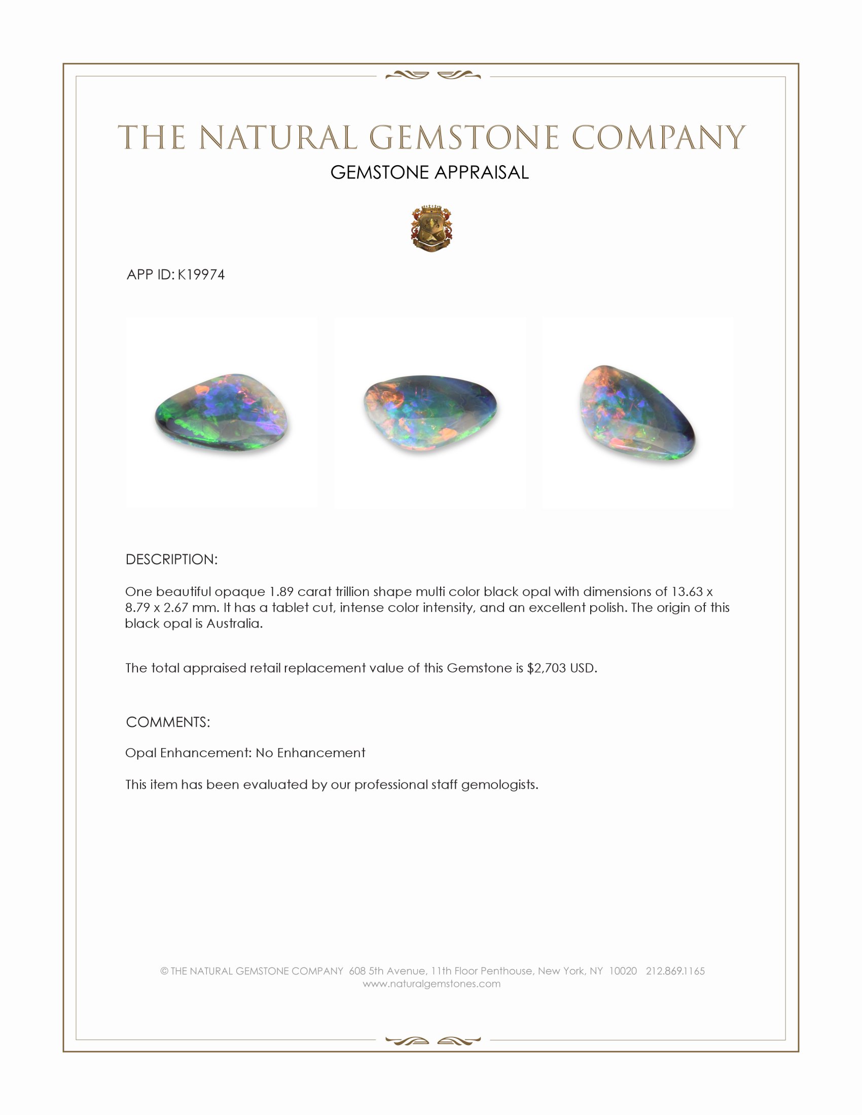 1.89 Ct. Black Opal from Australia