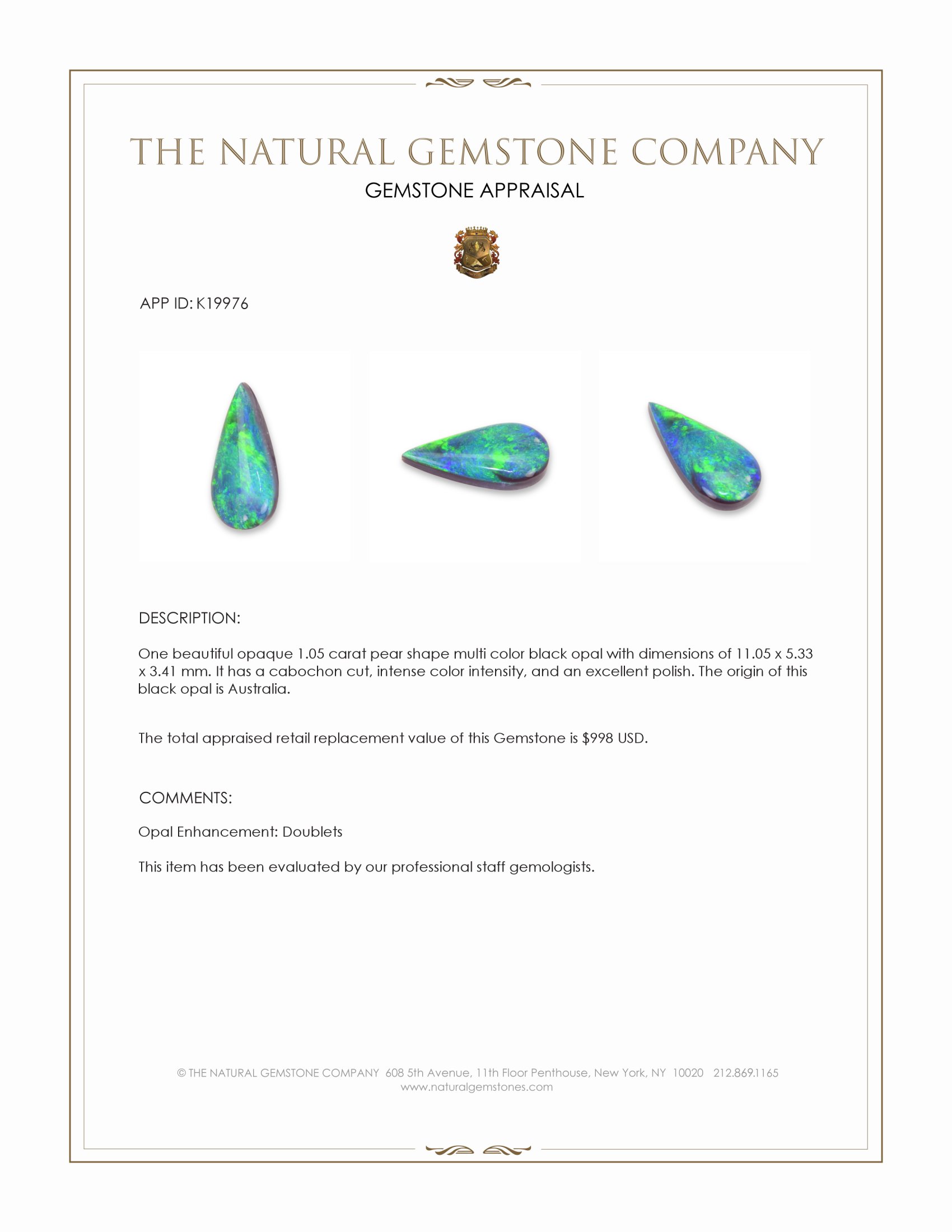 1.05 Ct. Cabochon Black Opal from Australia