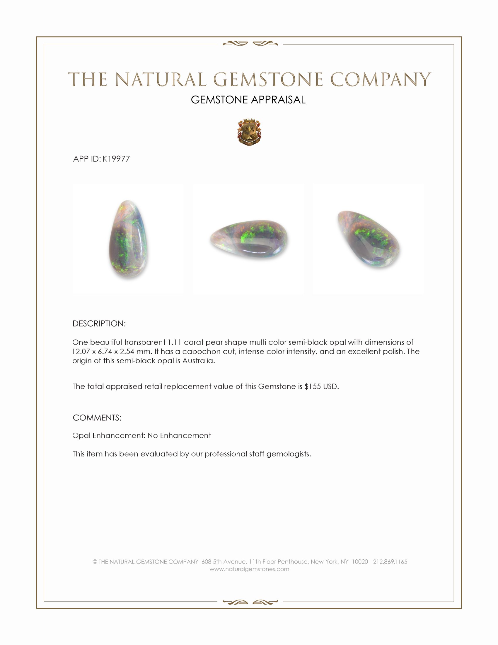 1.11 Ct. Cabochon Semi-Black Opal from Australia