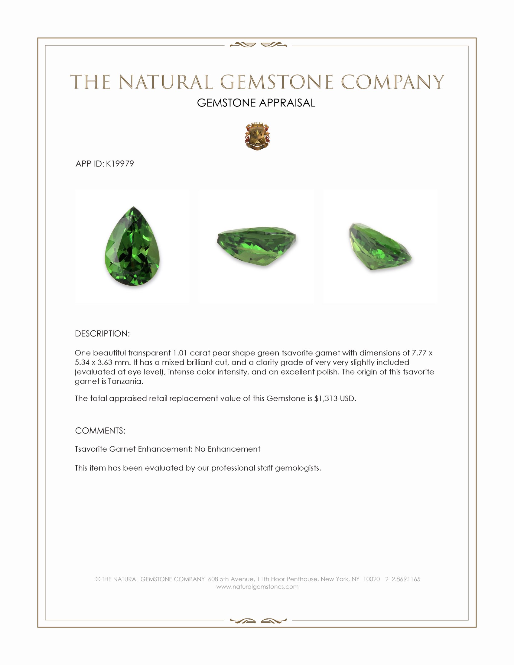 1.01 Ct. Tsavorite Garnet from Tanzania