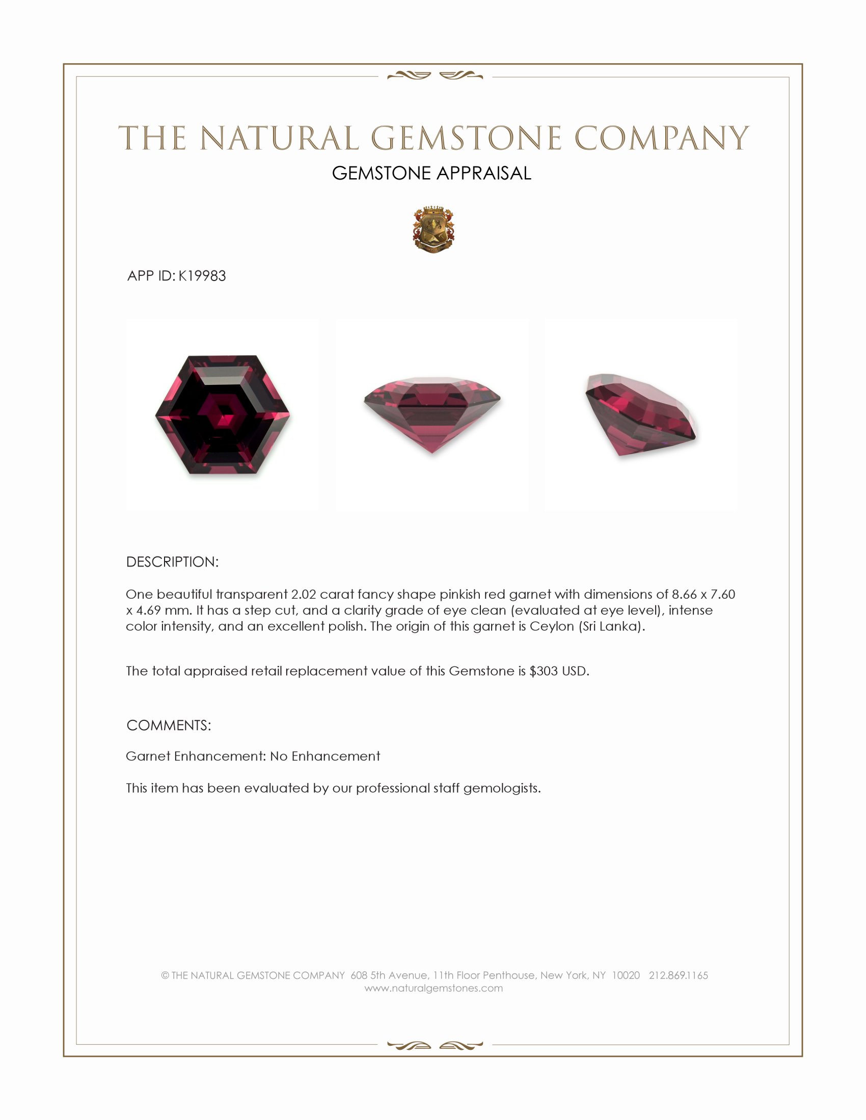 2.02 Ct. Pinkish Red Garnet from Ceylon (Sri Lanka)