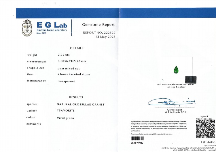 2.02 Ct. Tsavorite Garnet from Tanzania