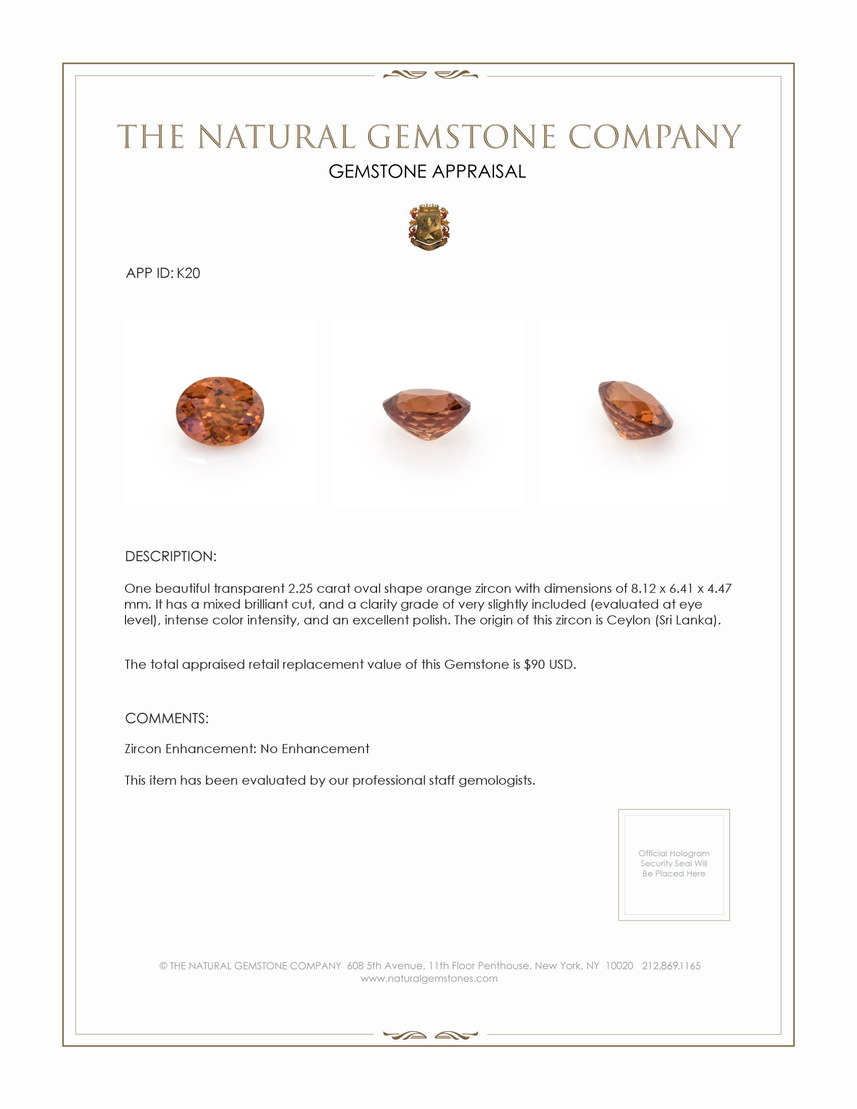 2.25 Ct. Brownish Orange Zircon from Ceylon (Sri Lanka)