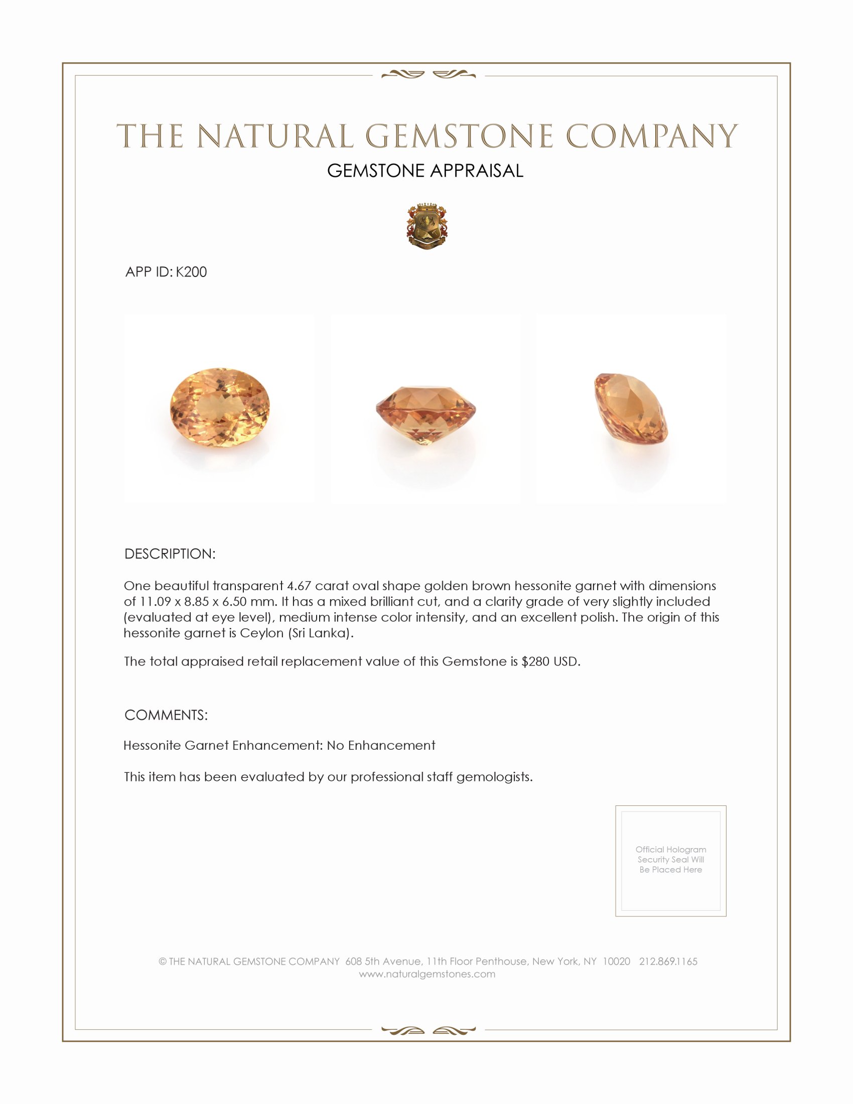 4.67 Ct. Hessonite Garnet from Ceylon (Sri Lanka)