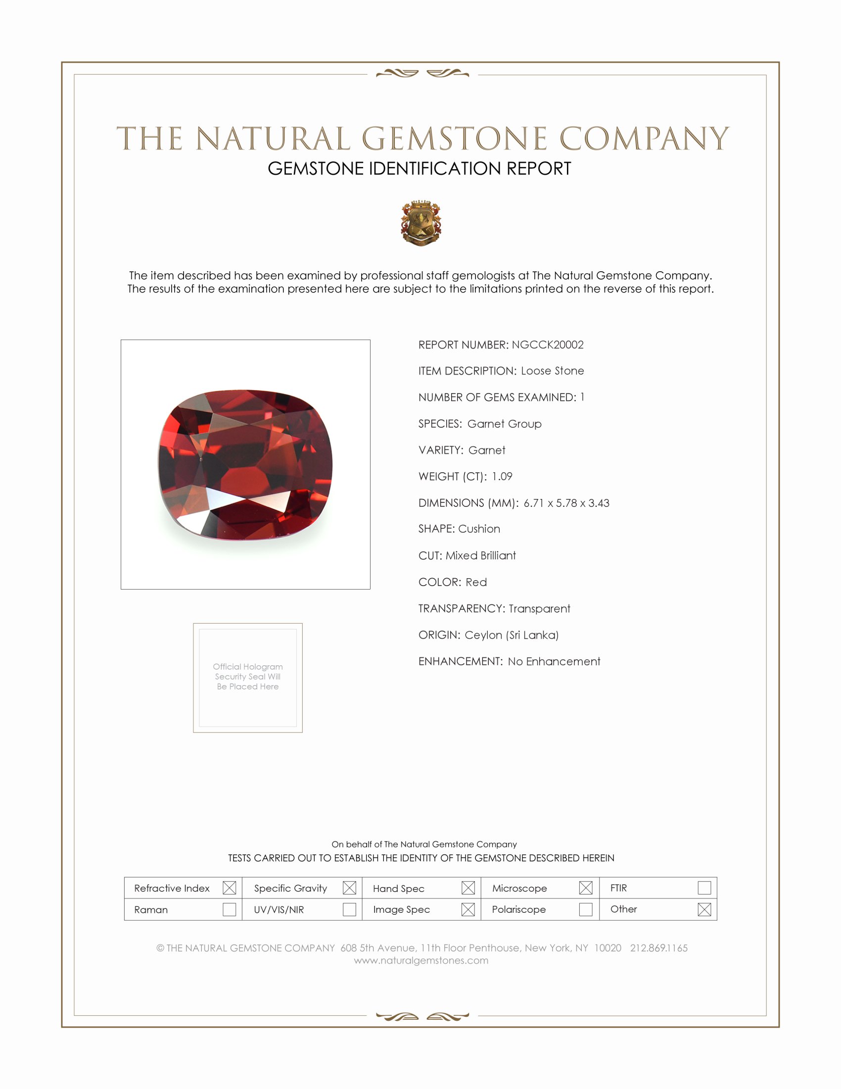 1.09 Ct. Red Garnet from Ceylon (Sri Lanka)