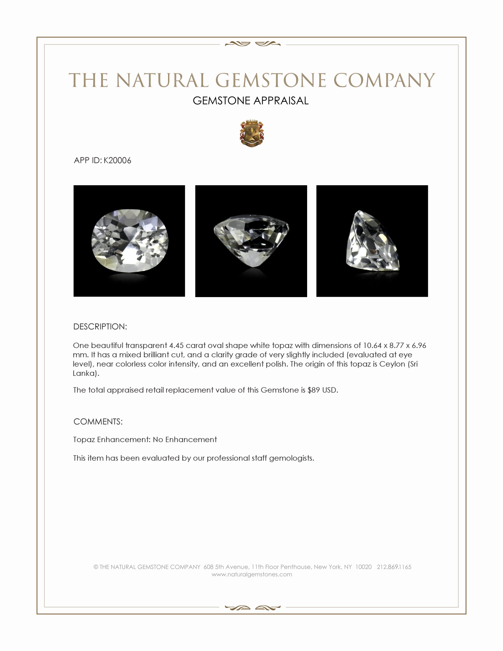 4.45 Ct. White Topaz from Ceylon (Sri Lanka)