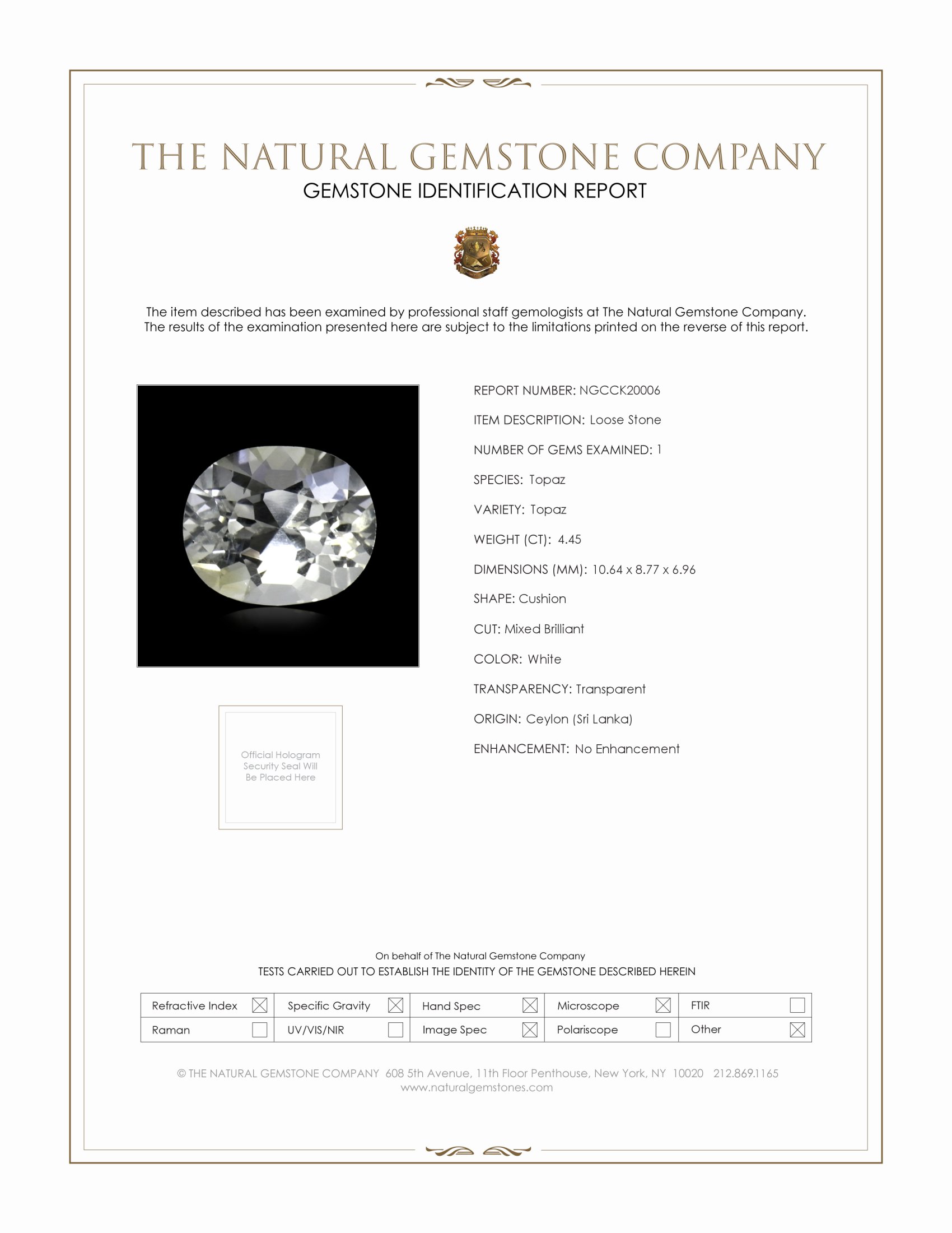 4.45 Ct. White Topaz from Ceylon (Sri Lanka)