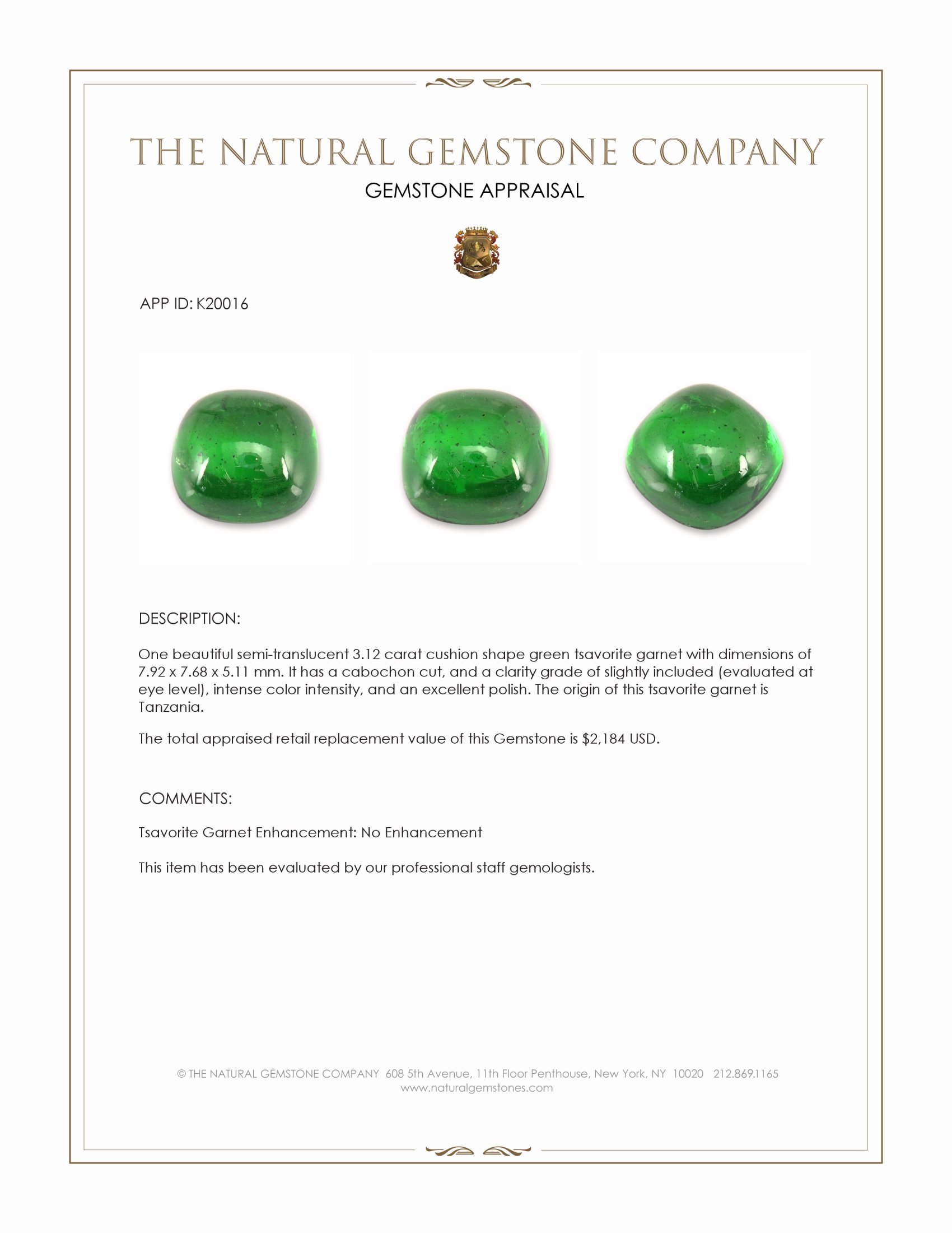 3.12 Ct. Cabochon Tsavorite Garnet from Tanzania