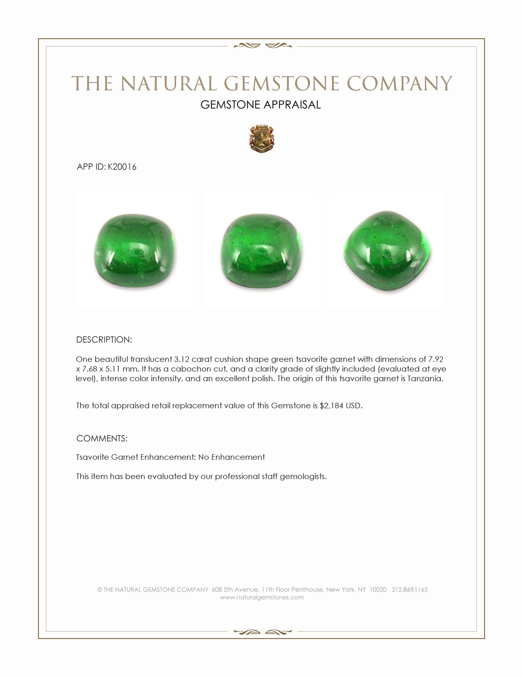 3.12 Ct. Cabochon Tsavorite Garnet from Tanzania