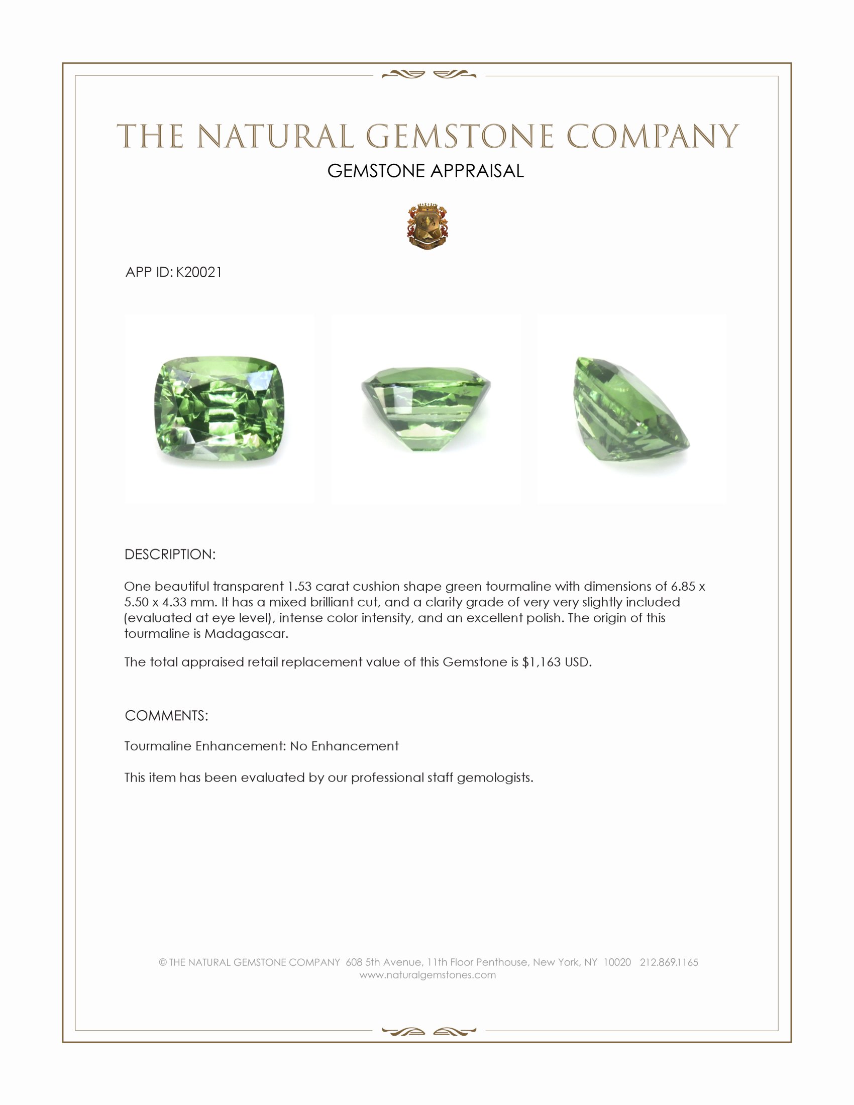 1.53 Ct. Green Tourmaline from Ceylon (Sri Lanka)