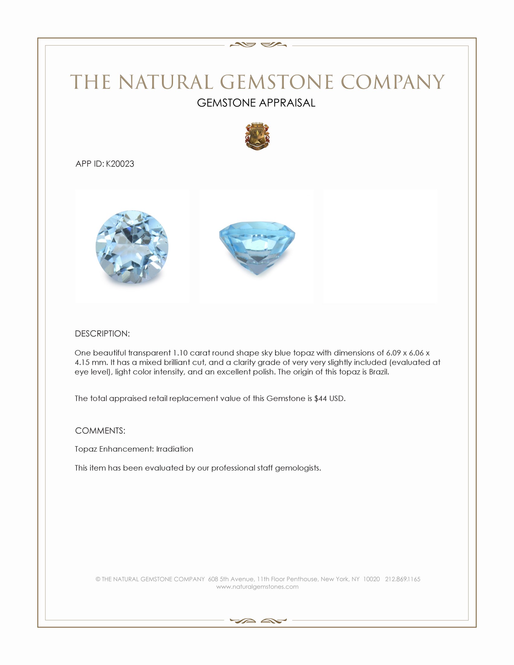 1.10 Ct. Sky Blue Topaz from Brazil