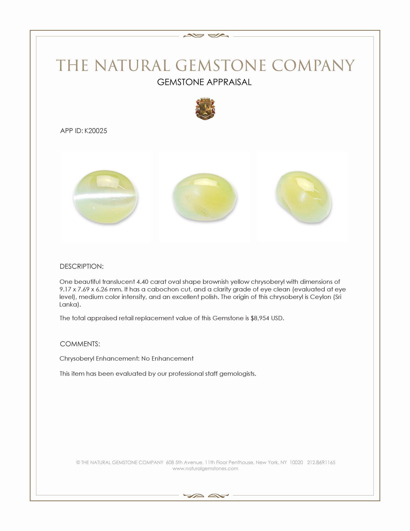 4.40 Ct. Cabochon Chrysoberyl from Ceylon (Sri Lanka)