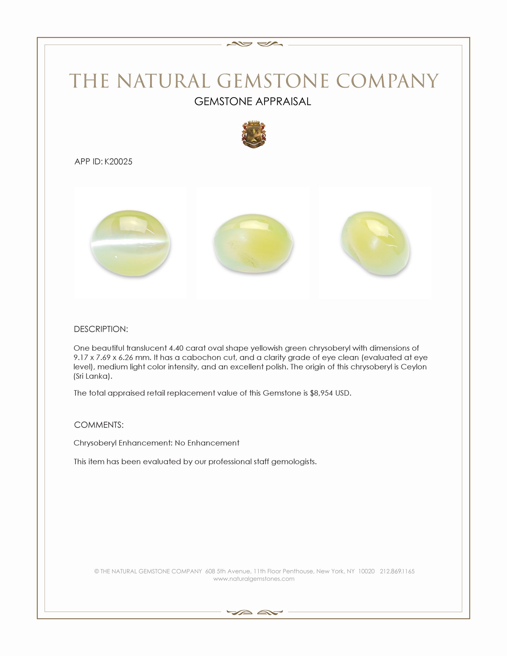 4.40 Ct. Cabochon Chrysoberyl from Ceylon (Sri Lanka)