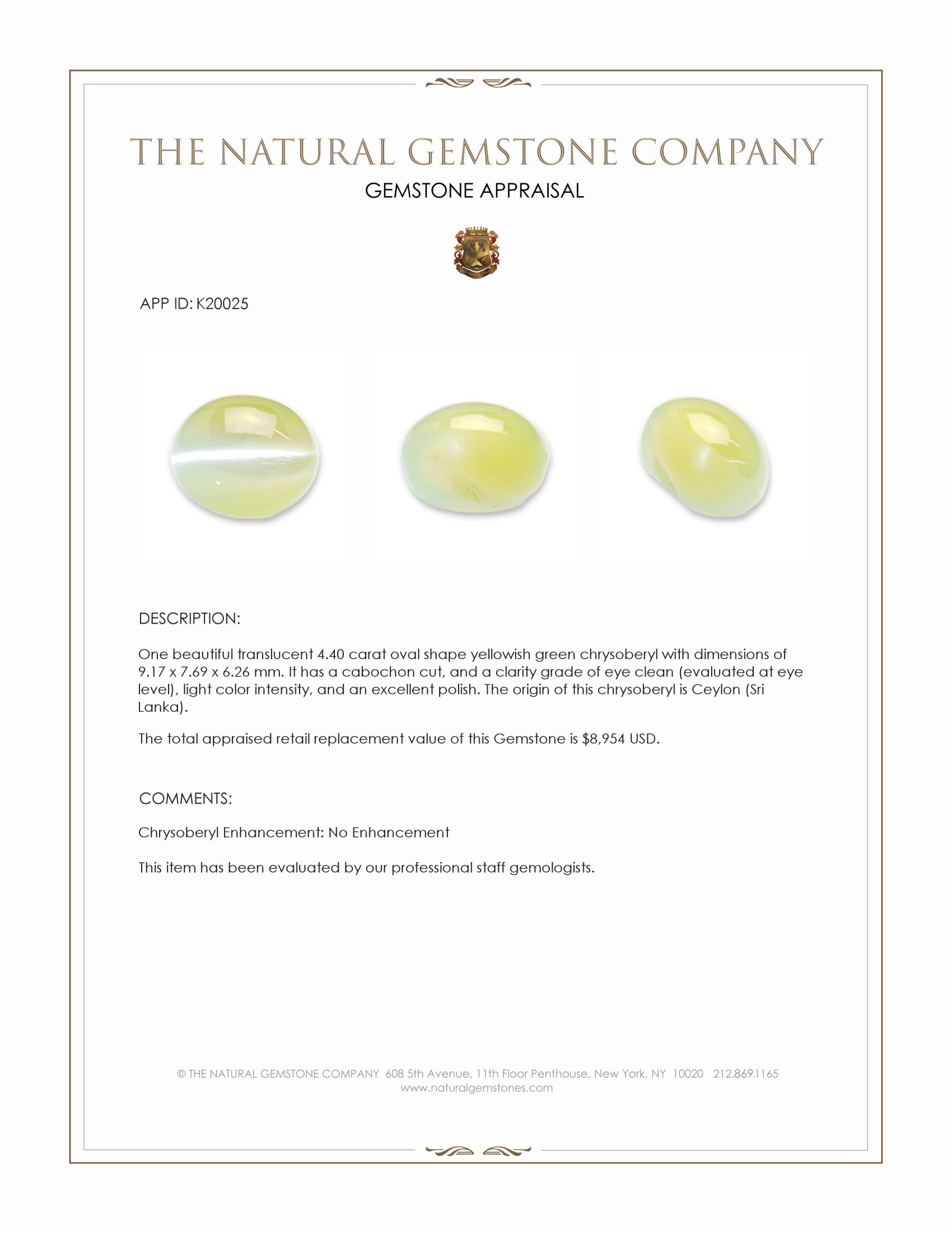 4.40 Ct. Cabochon Chrysoberyl from Ceylon (Sri Lanka)