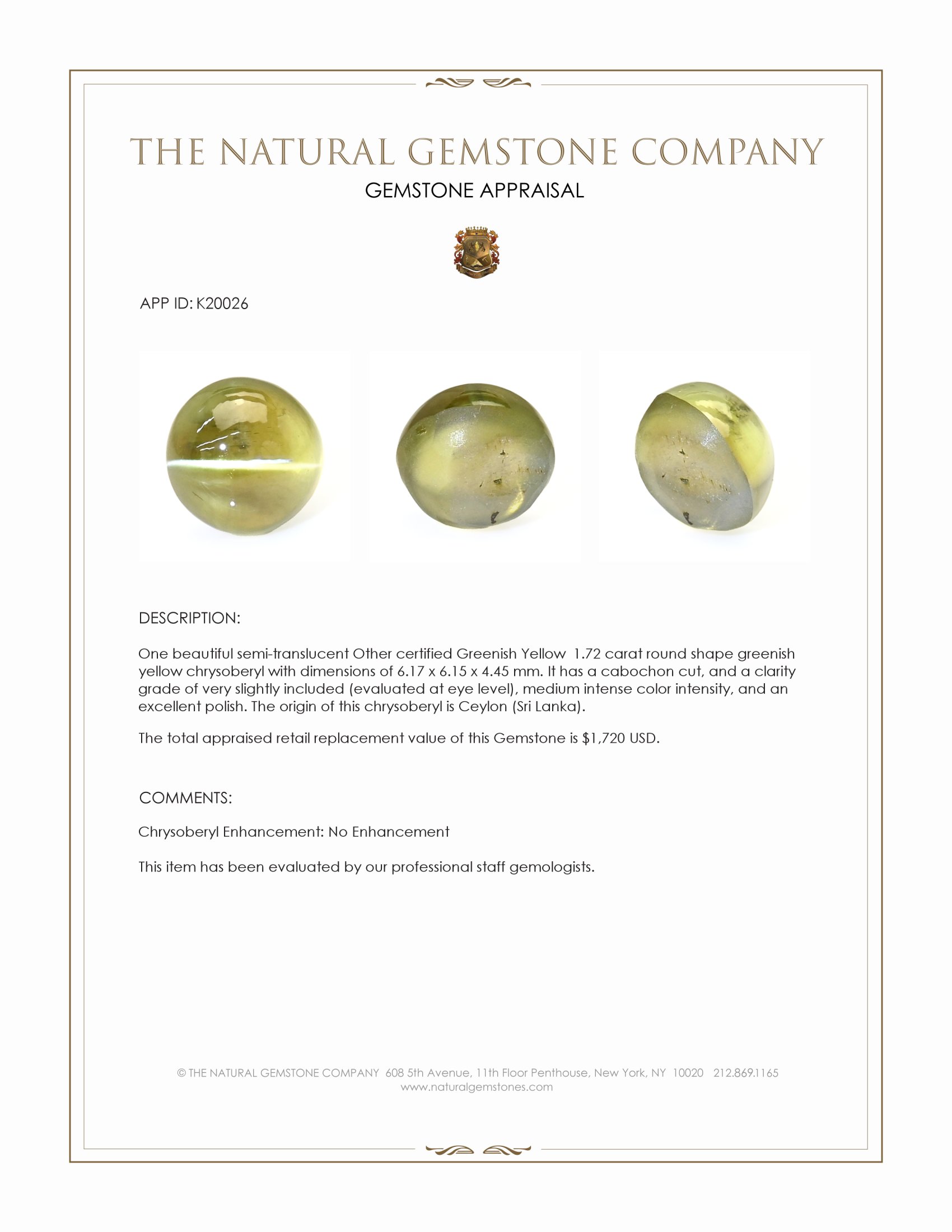 1.72 Ct. Greenish Yellow Cabochon Chrysoberyl from Ceylon (Sri Lanka)