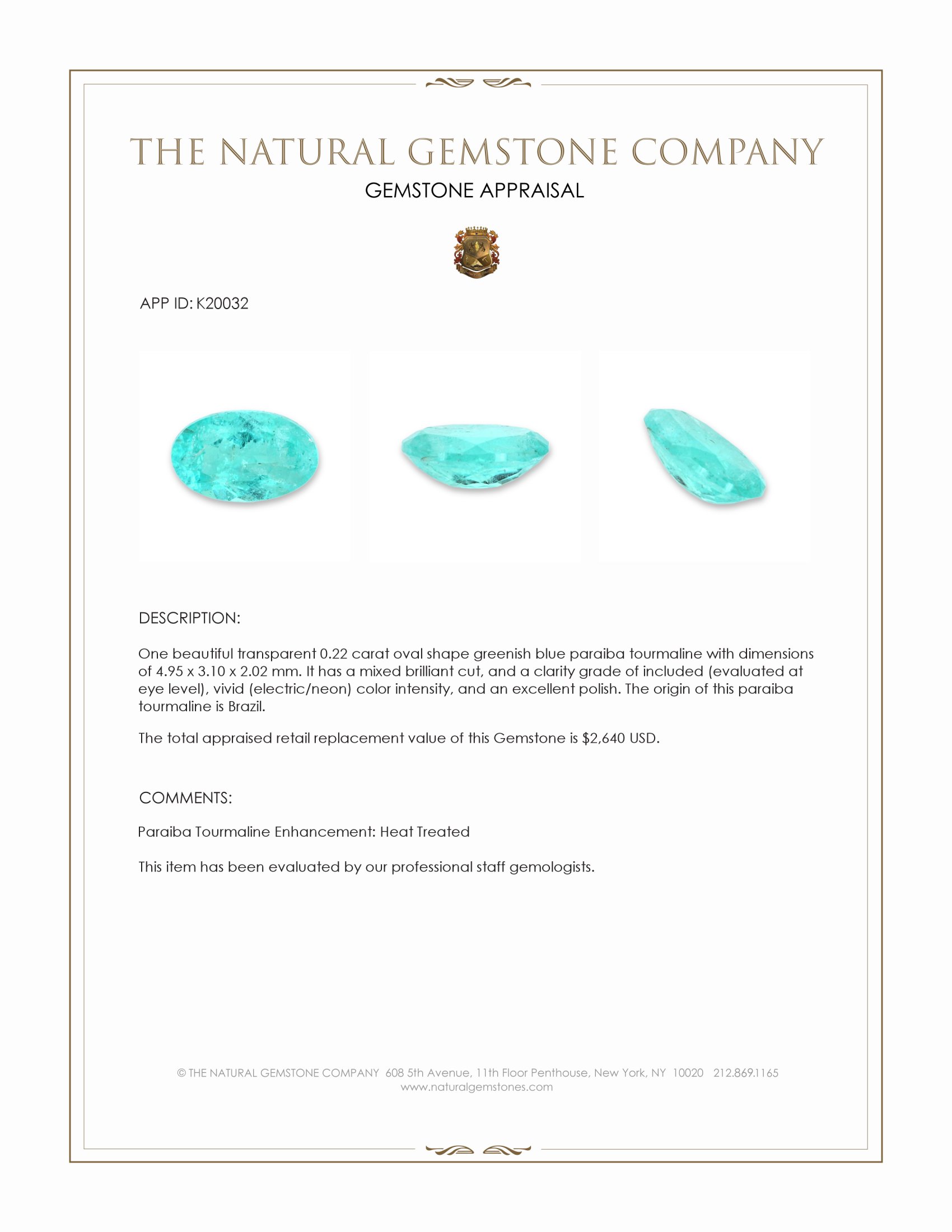 0.22 Ct. Paraiba Tourmaline from Brazil