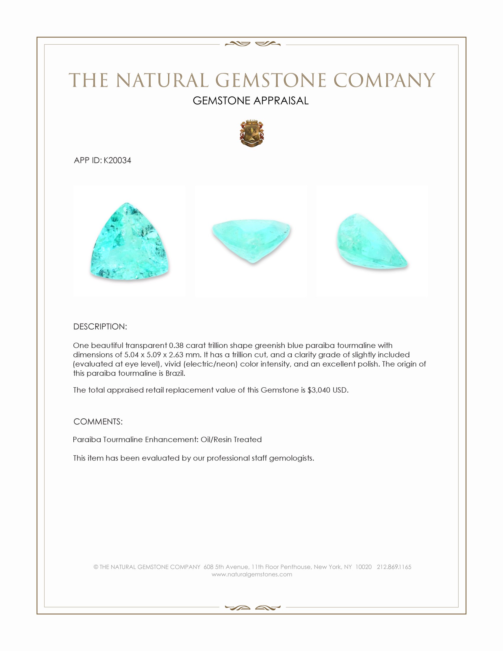 0.38 Ct. Paraiba Tourmaline from Brazil