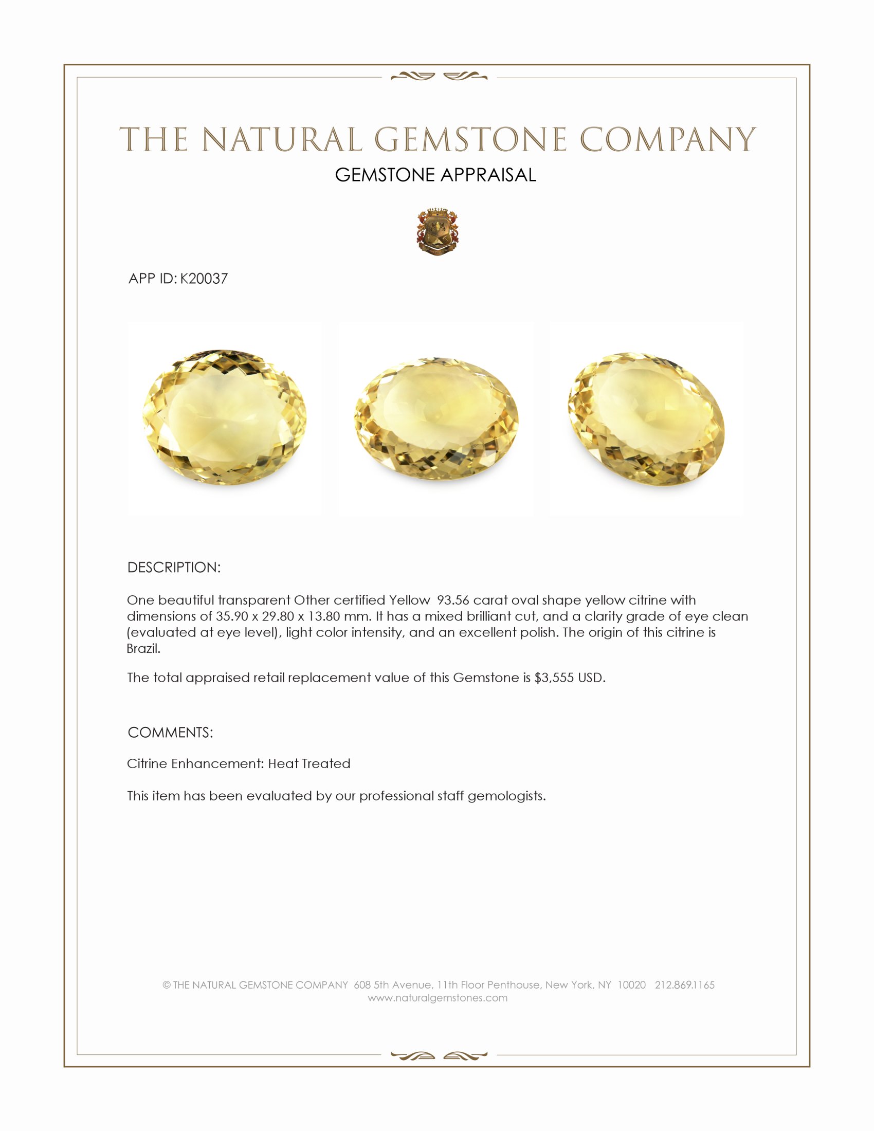 93.56 Ct. Yellow Citrine from Brazil