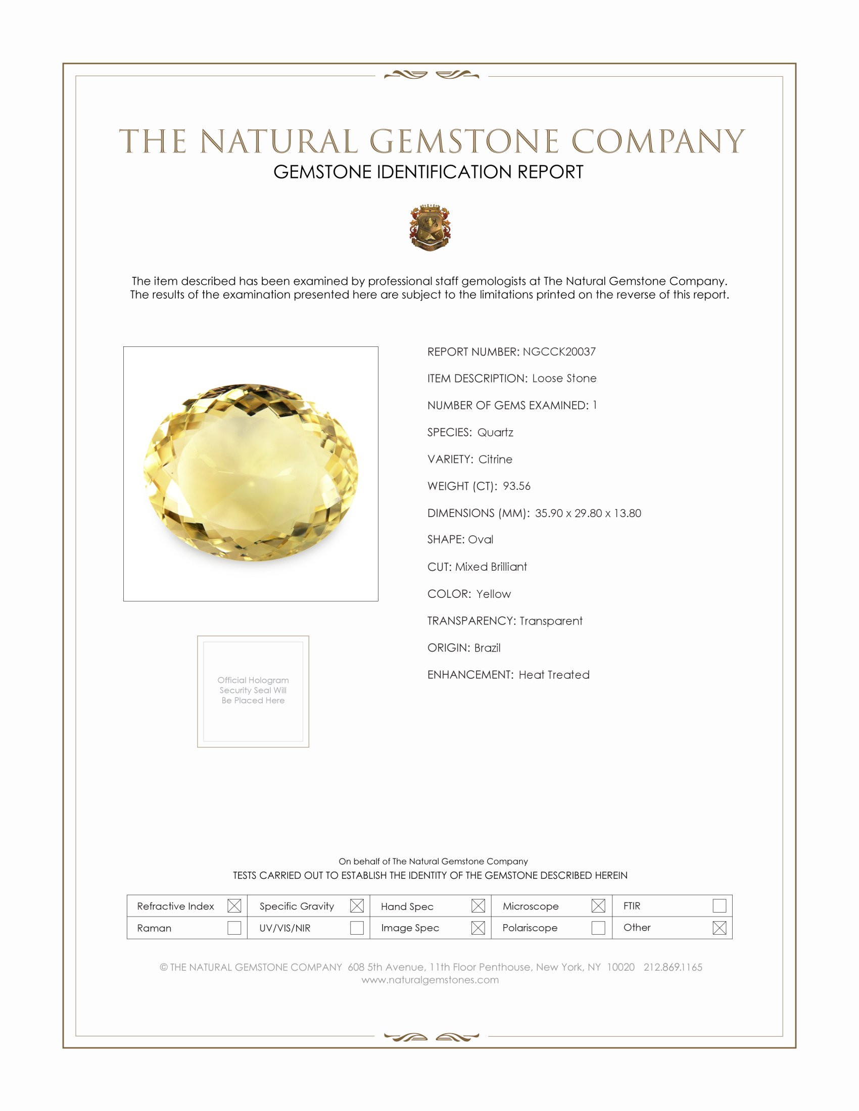 93.56 Ct. Yellow Citrine from Brazil