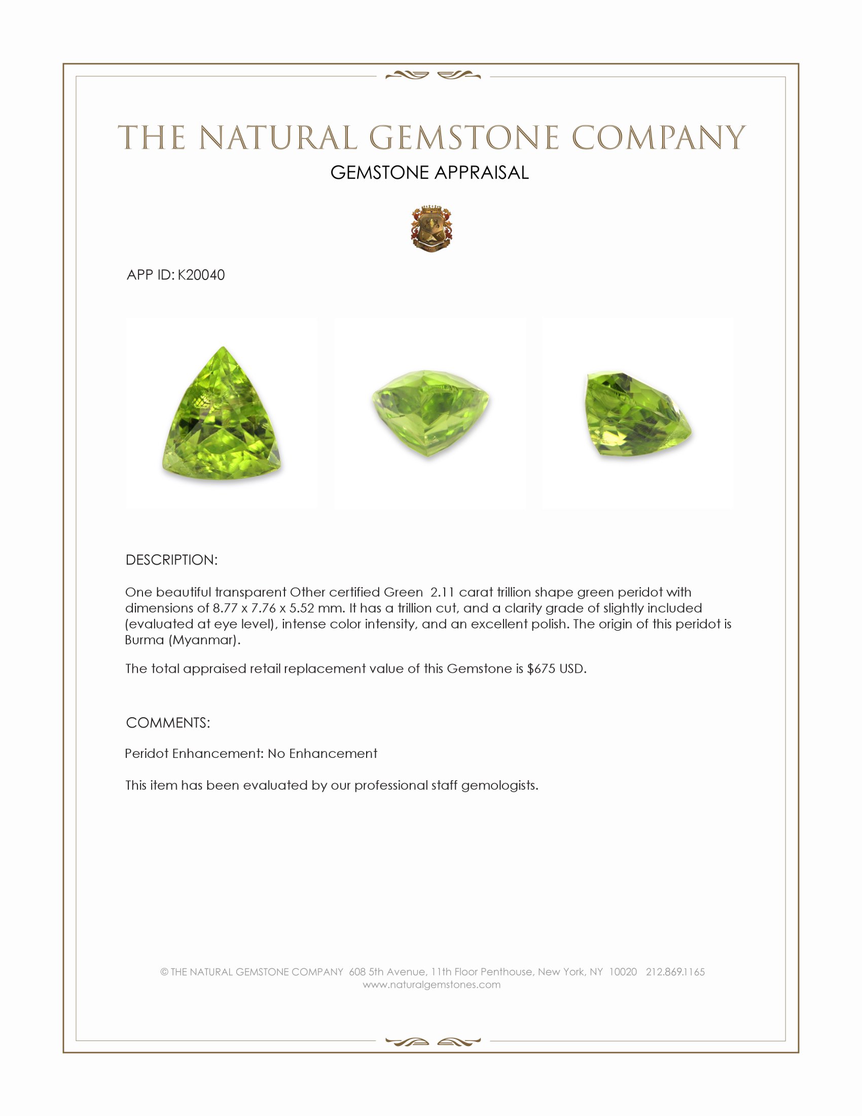2.11 Ct. Peridot from Burma (Myanmar)