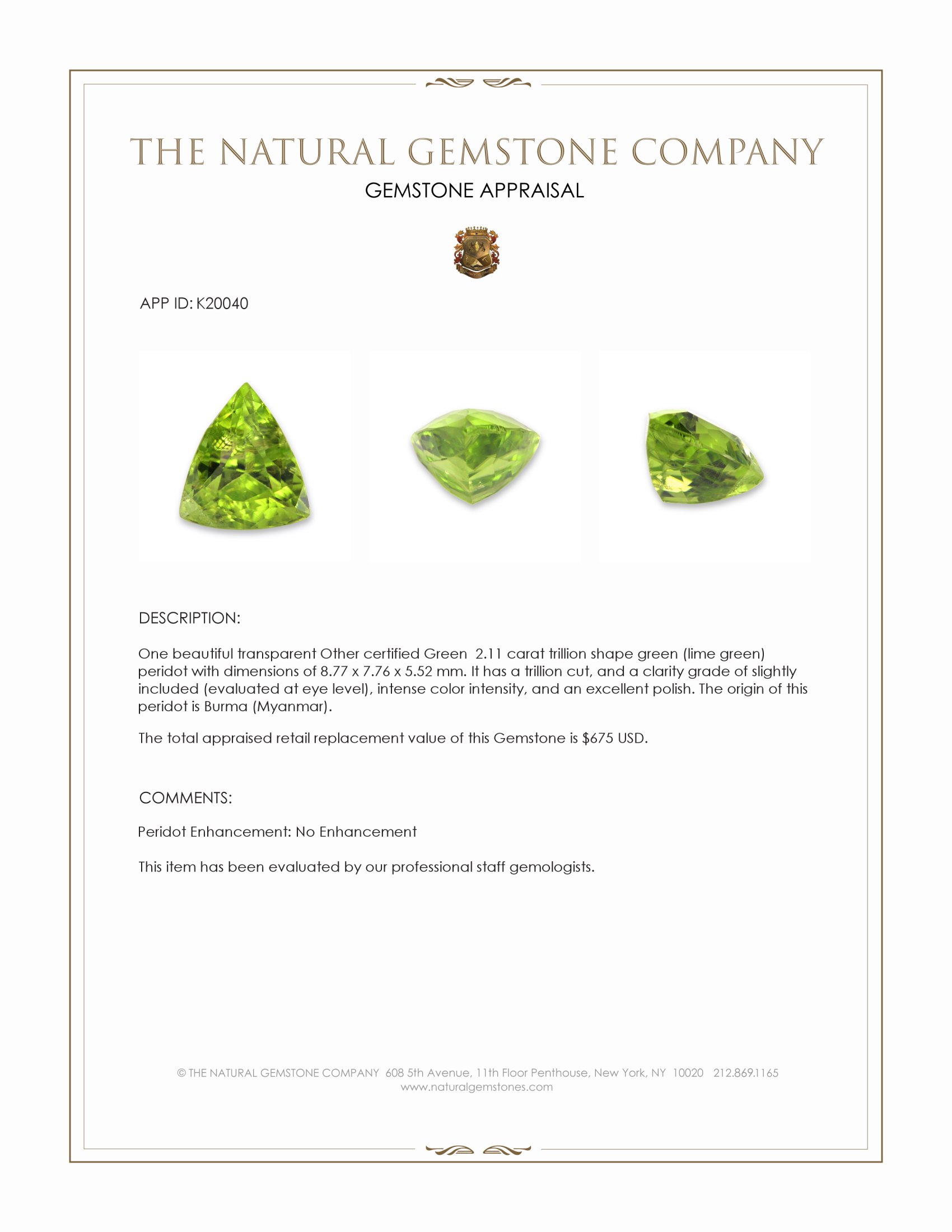 2.11 Ct. Green (Lime Green) Peridot from Burma (Myanmar)