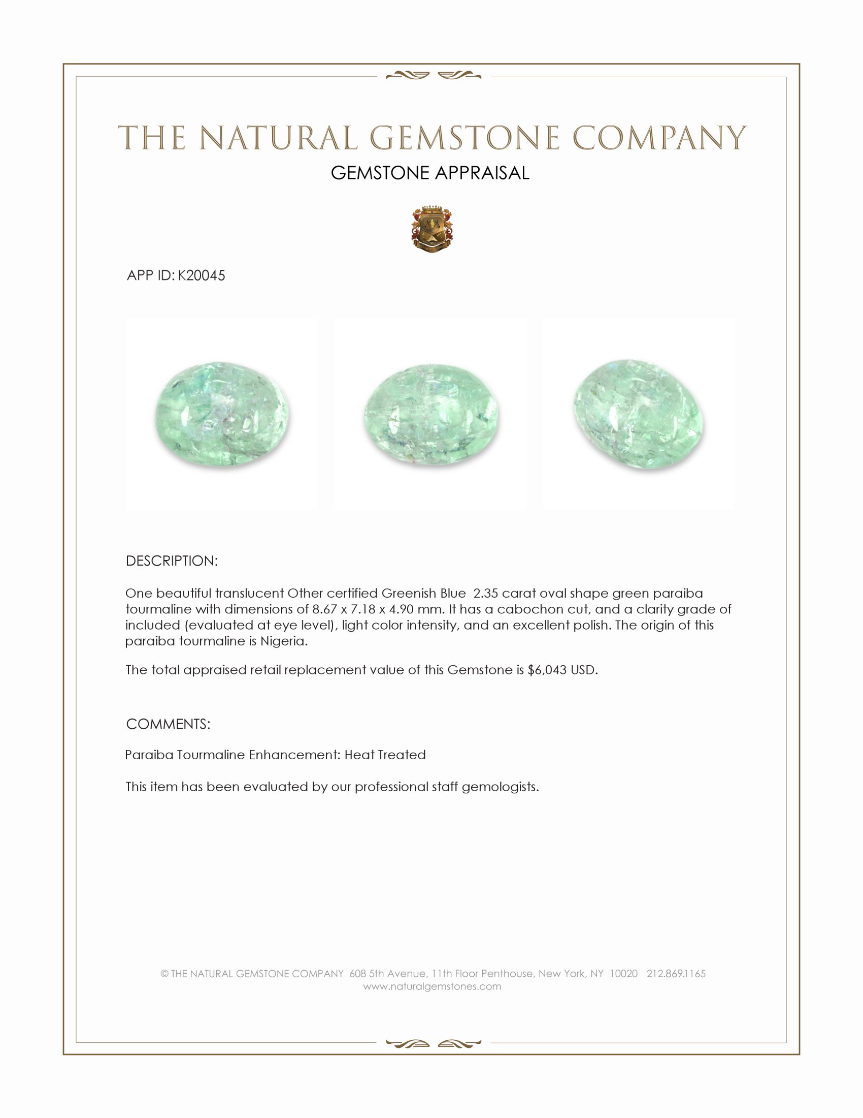 2.35 Ct. Green Cabochon Paraiba Tourmaline from Nigeria