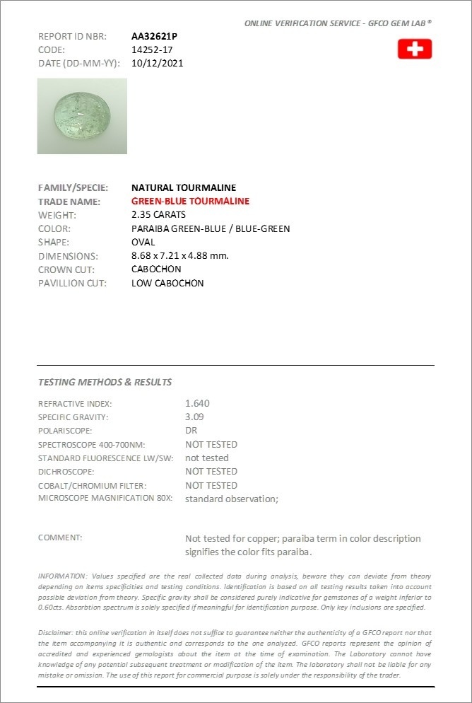 2.35 Ct. Cabochon Paraiba Tourmaline from Nigeria