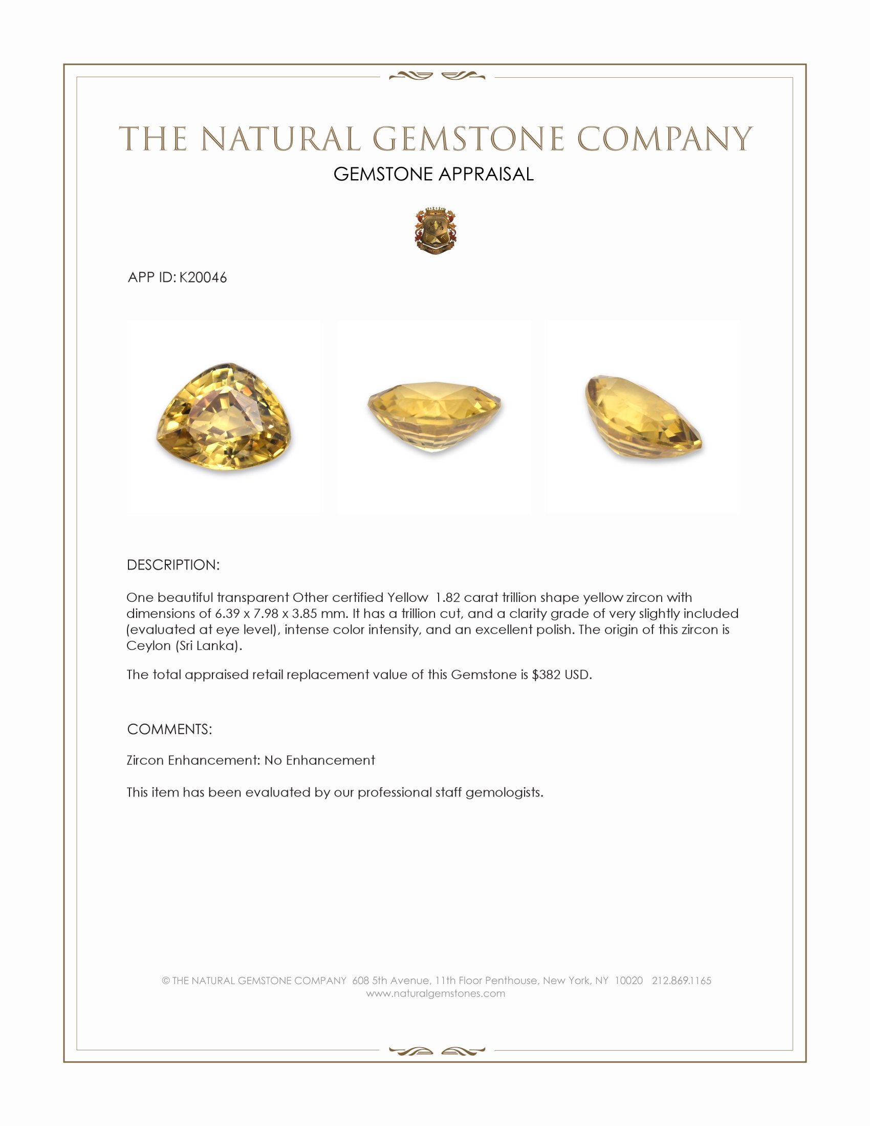 1.82 Ct. Yellow Zircon from Ceylon (Sri Lanka)