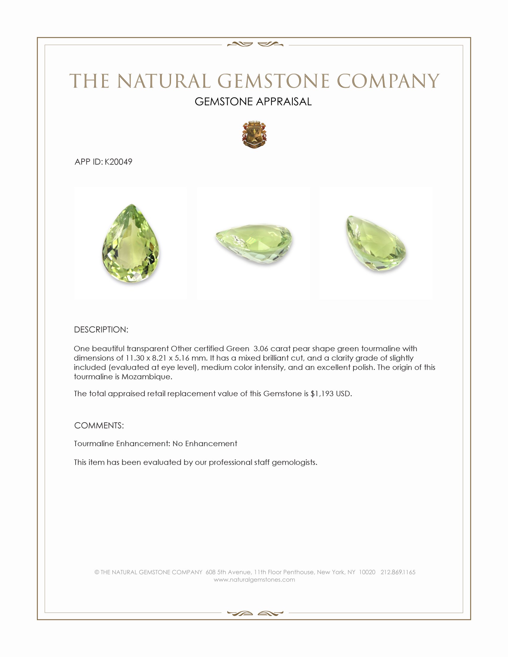 3.06 Ct. Green Tourmaline from Mozambique