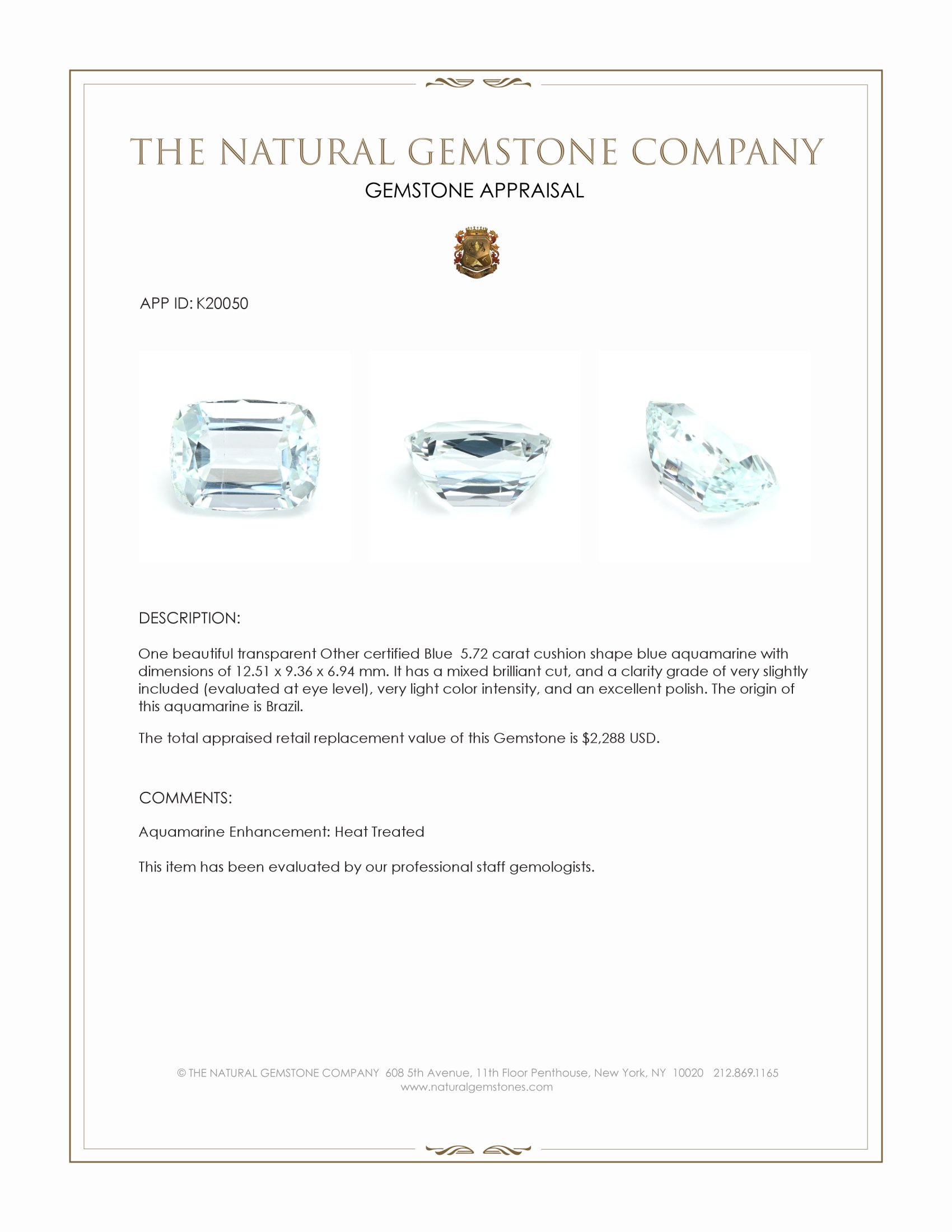 5.72 Ct. Blue Aquamarine from Brazil