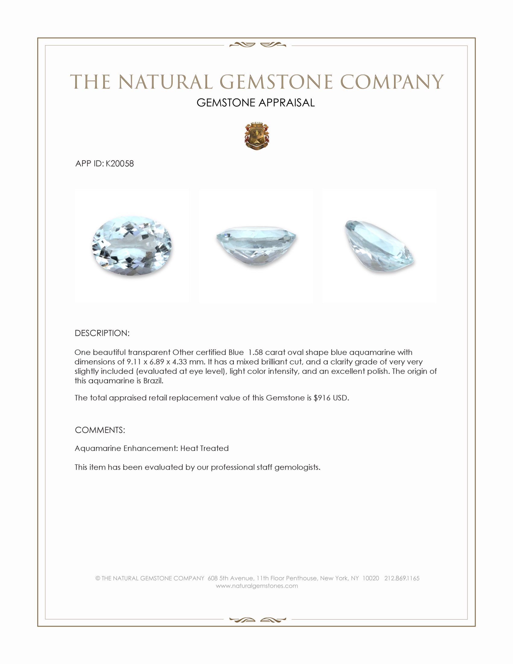 1.58 Ct. Blue Aquamarine from Brazil