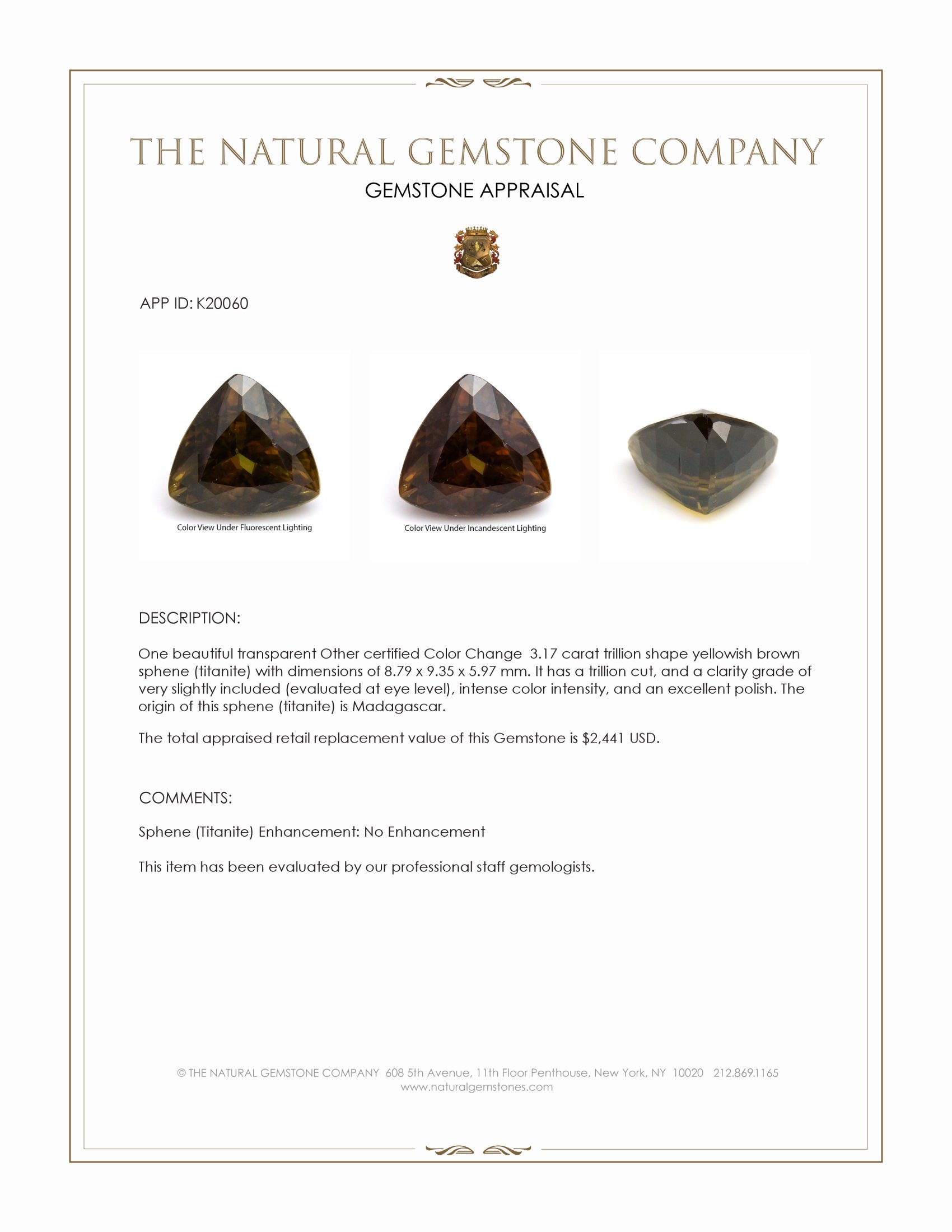 3.17 Ct. Yellowish Brown Sphene (Titanite) from Madagascar