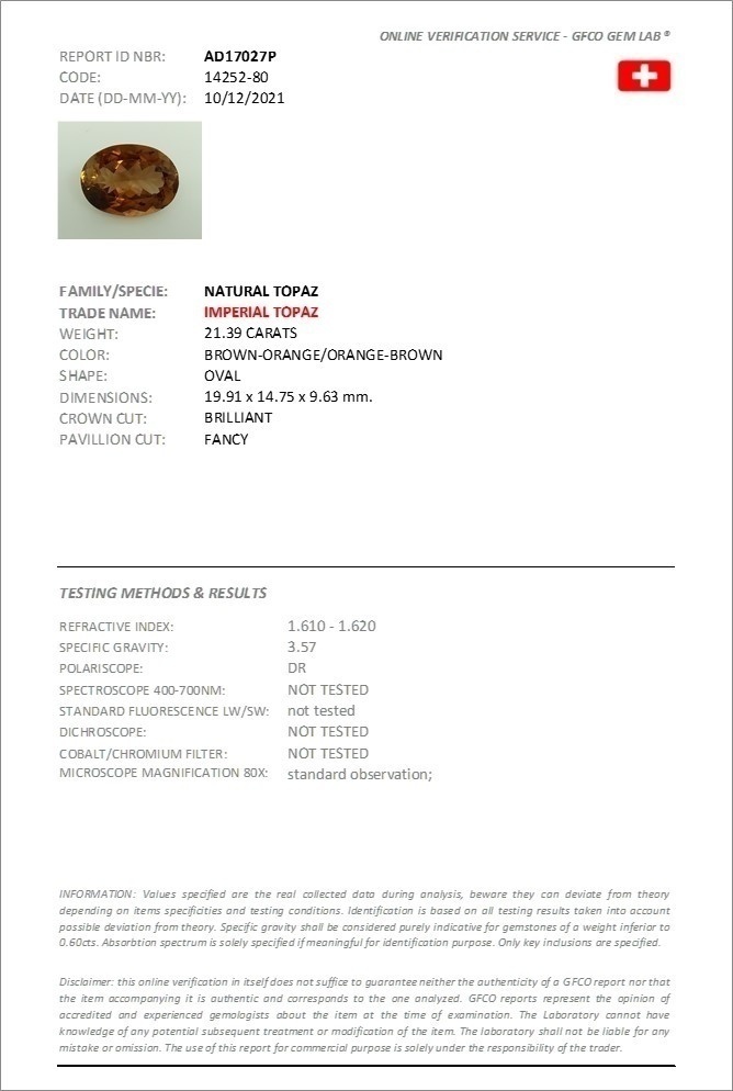 21.39 Ct. Reddish Orange Imperial Topaz from Brazil