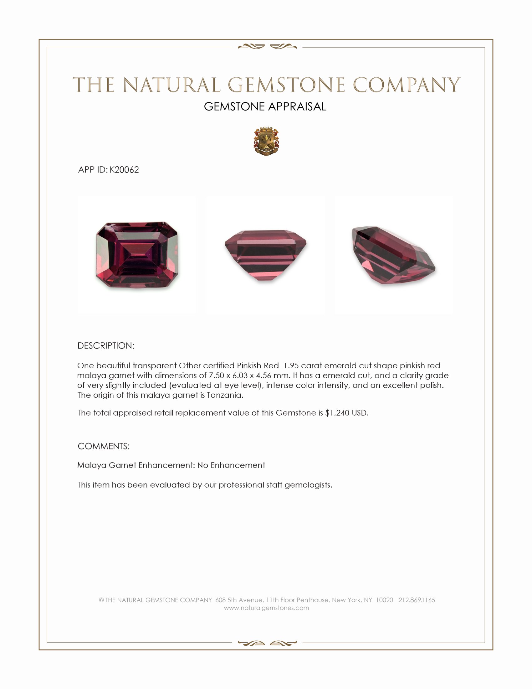 1.95 Ct. Pinkish Red Malaya Garnet from Tanzania