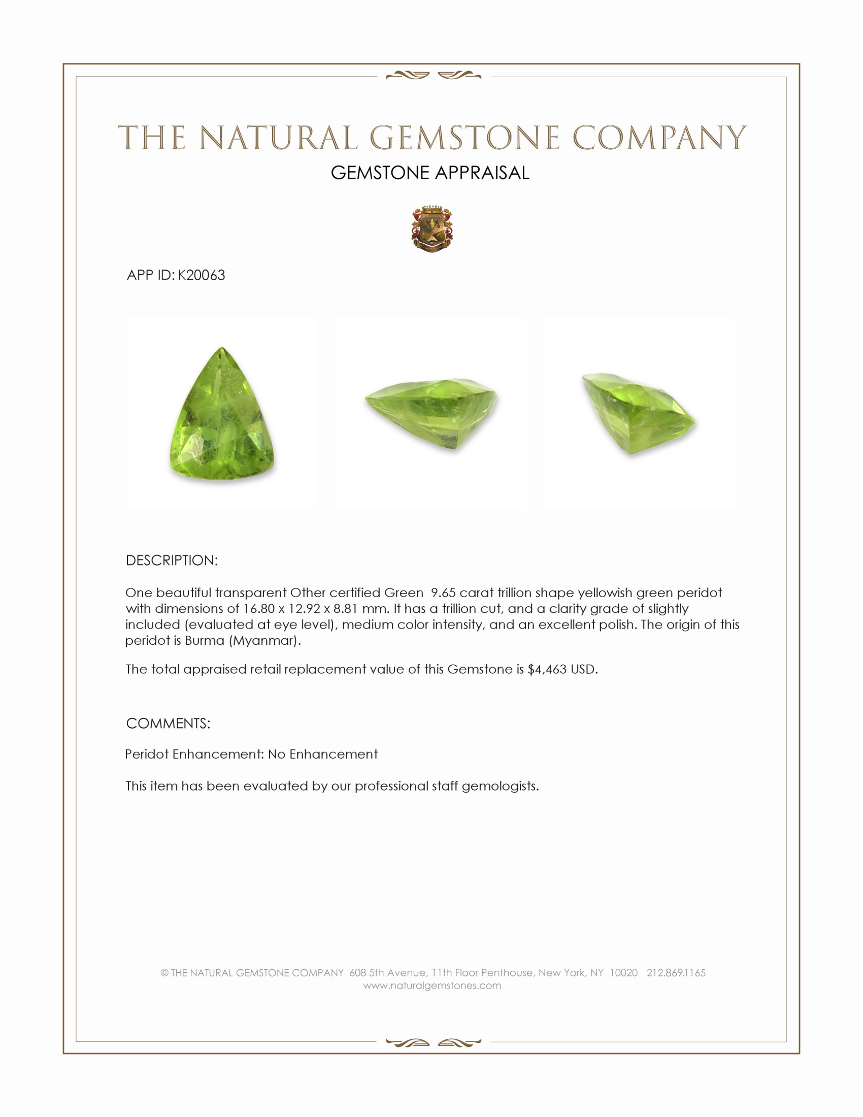 9.65 Ct. Peridot from Burma (Myanmar)