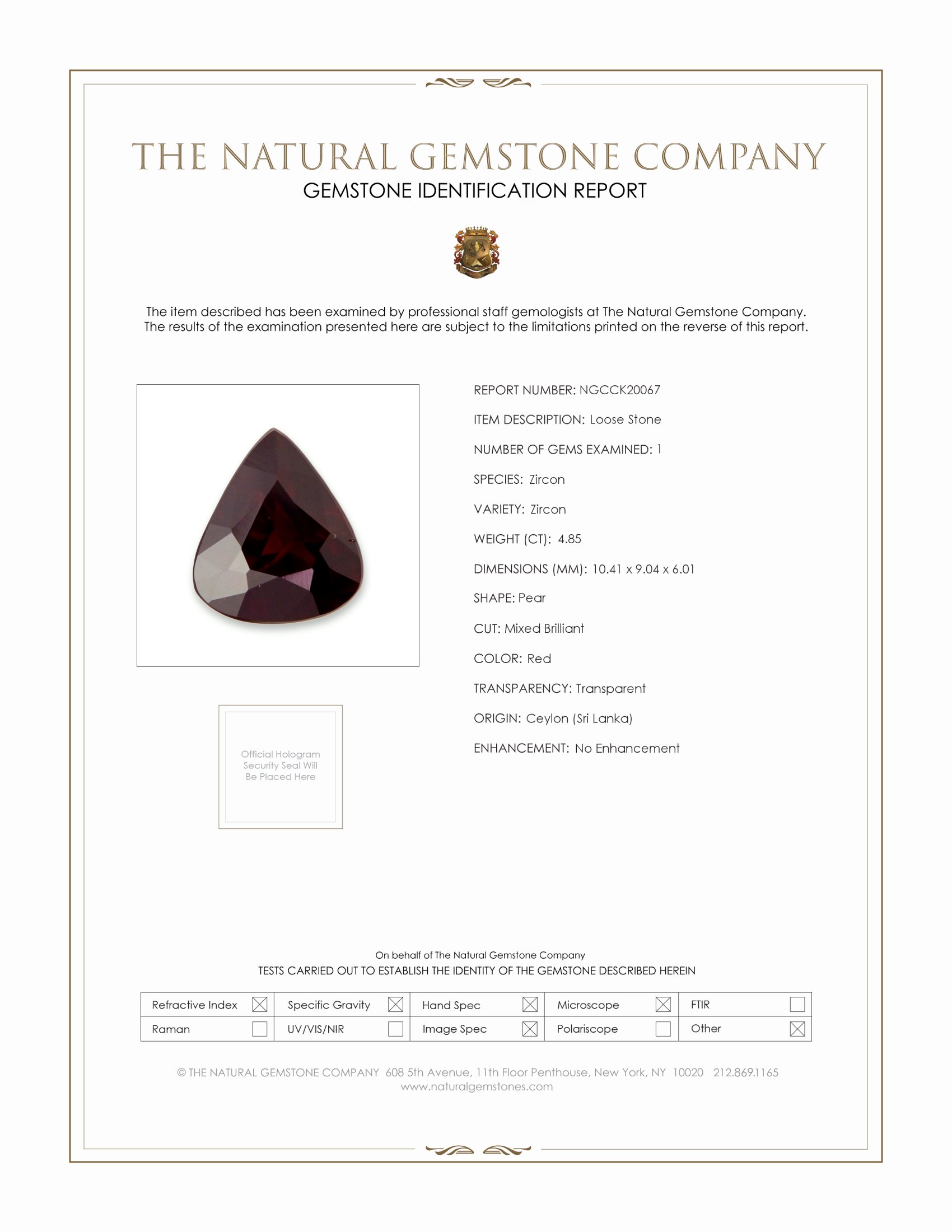 4.85 Ct. Red Zircon from Ceylon (Sri Lanka)