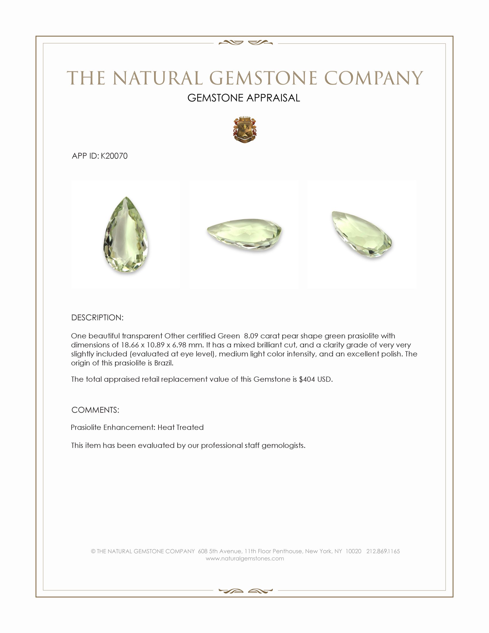 8.09 Ct. Green Prasiolite from Brazil