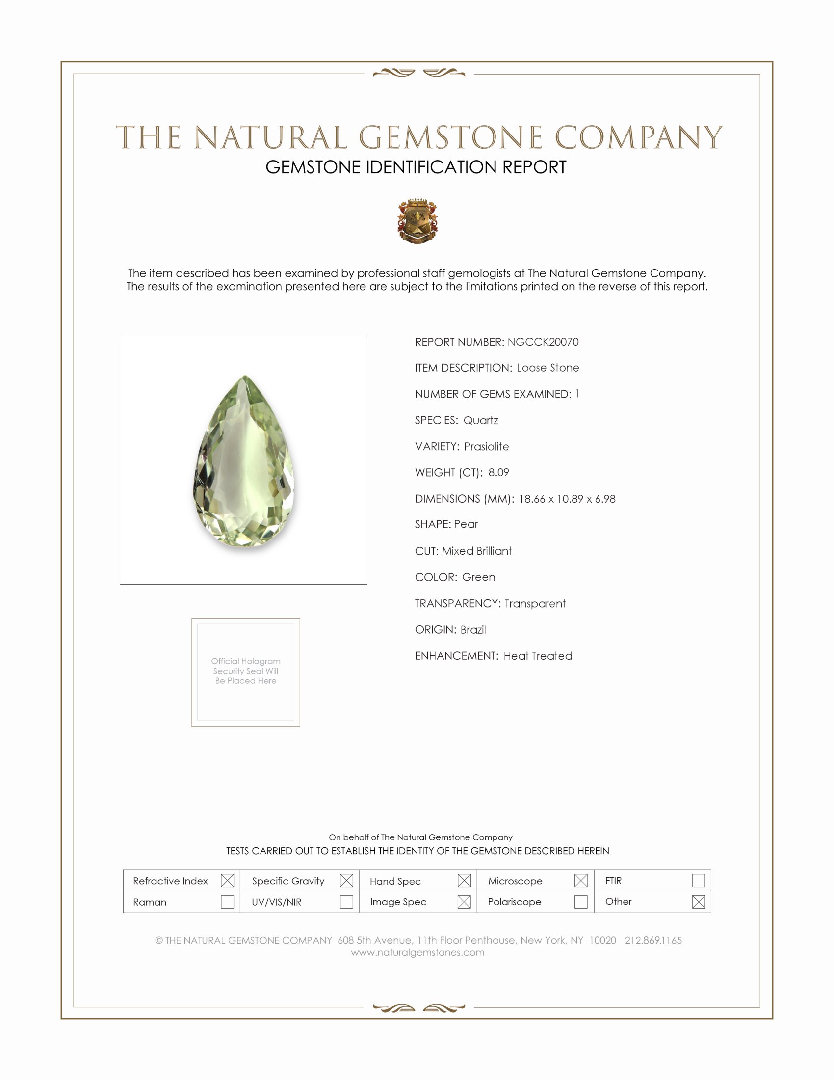 8.09 Ct. Green Prasiolite from Brazil
