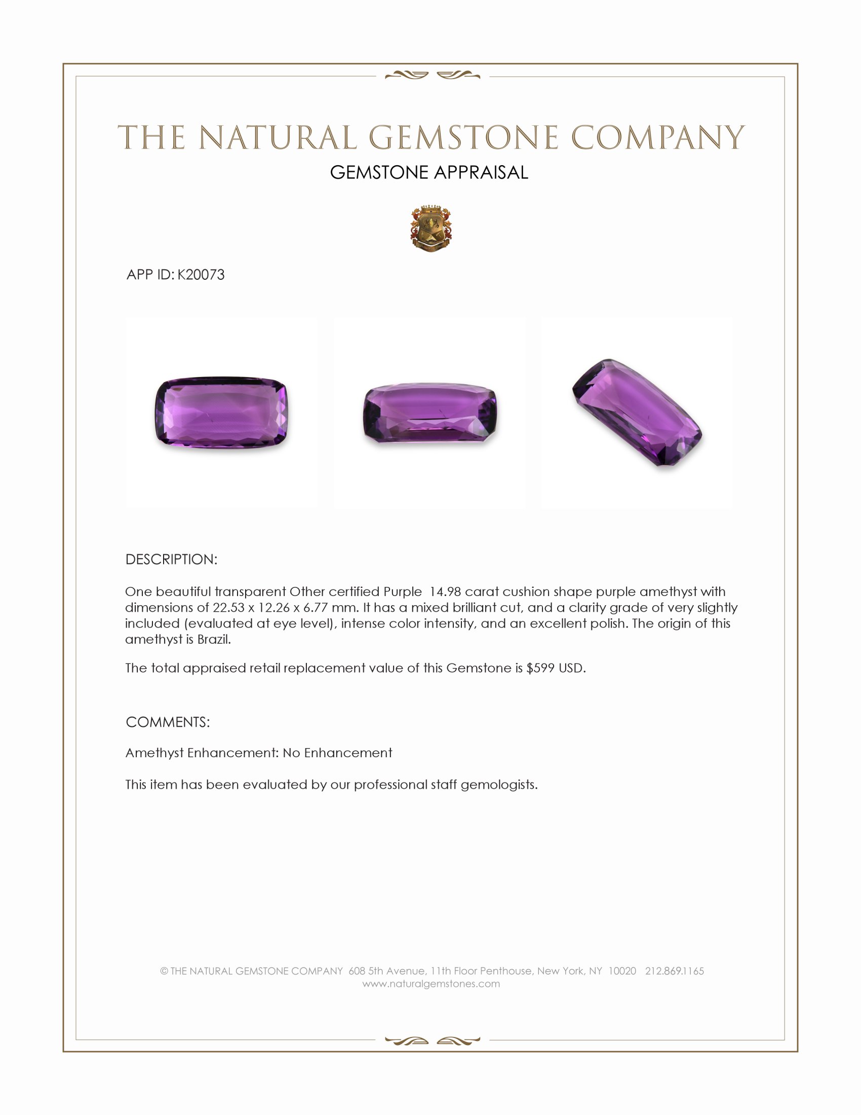 14.98 Ct. Purple Amethyst from Brazil