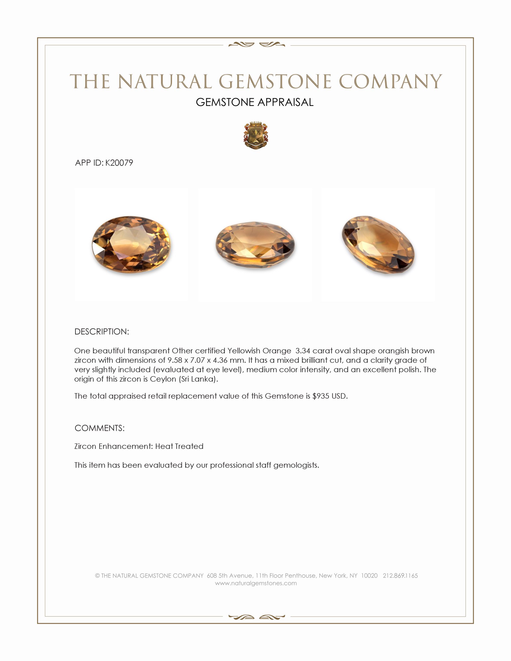 3.34 Ct. Orangish Brown Zircon from Ceylon (Sri Lanka)