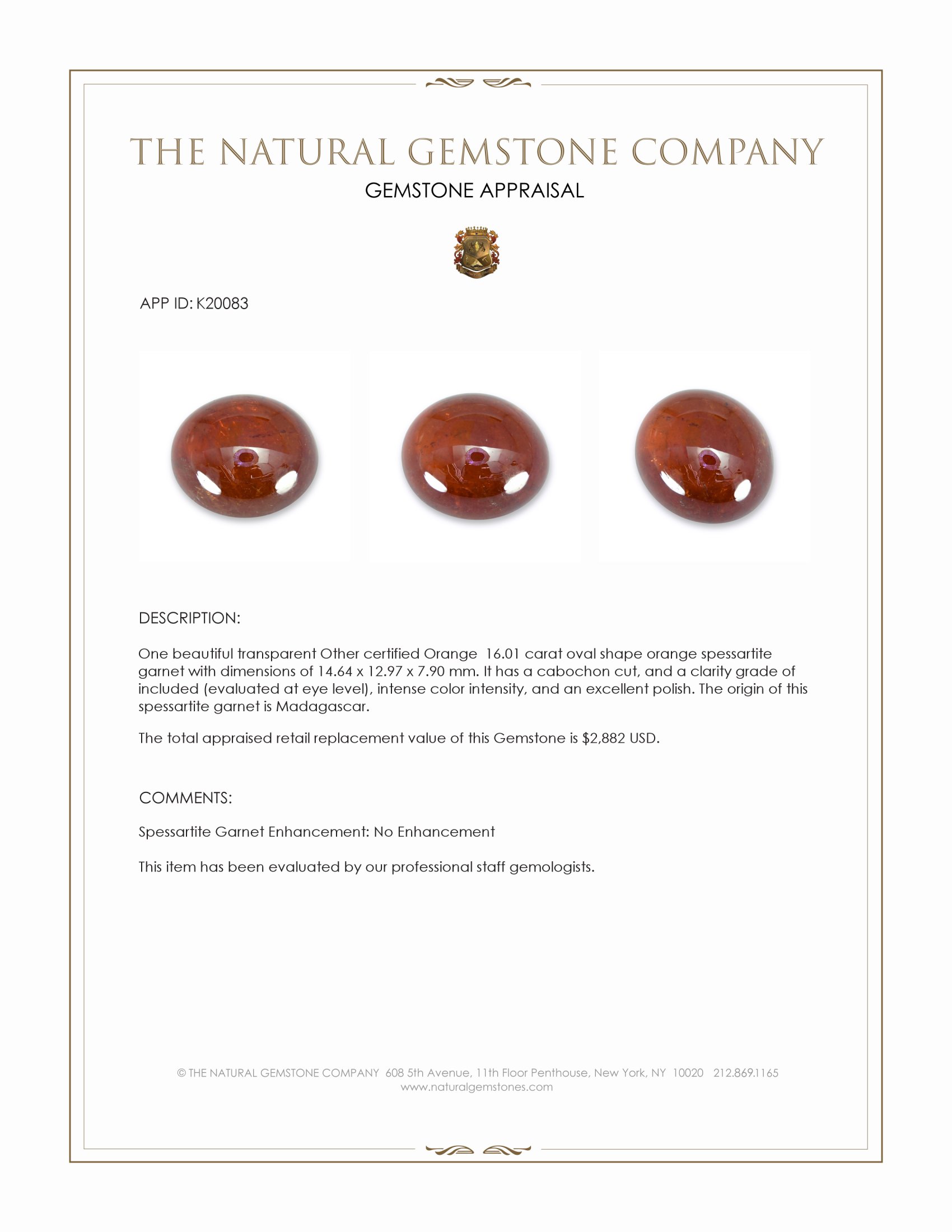 16.01 Ct. Reddish Orange Cabochon Spessartite Garnet from Madagascar