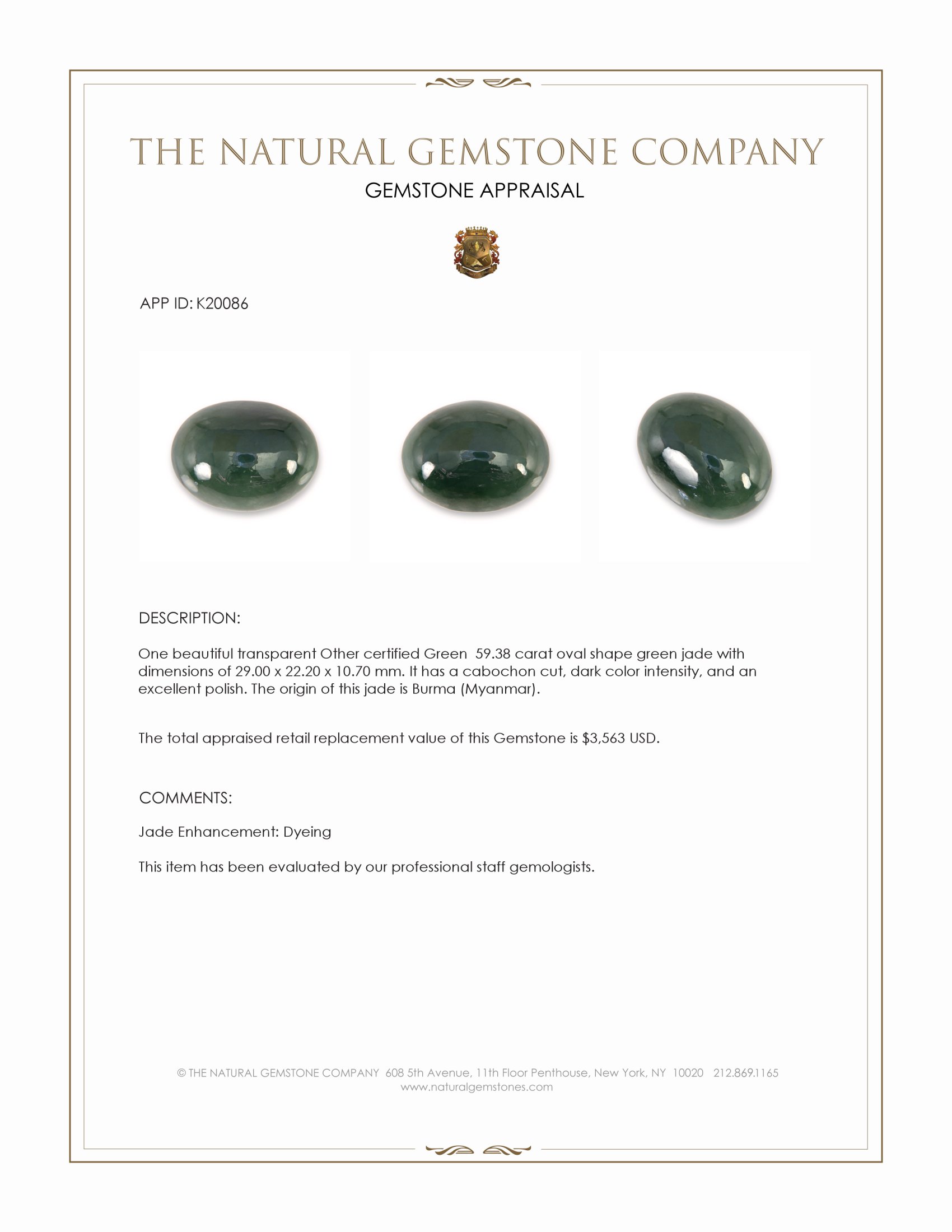 59.38 Ct. Cabochon Jade from Burma (Myanmar)