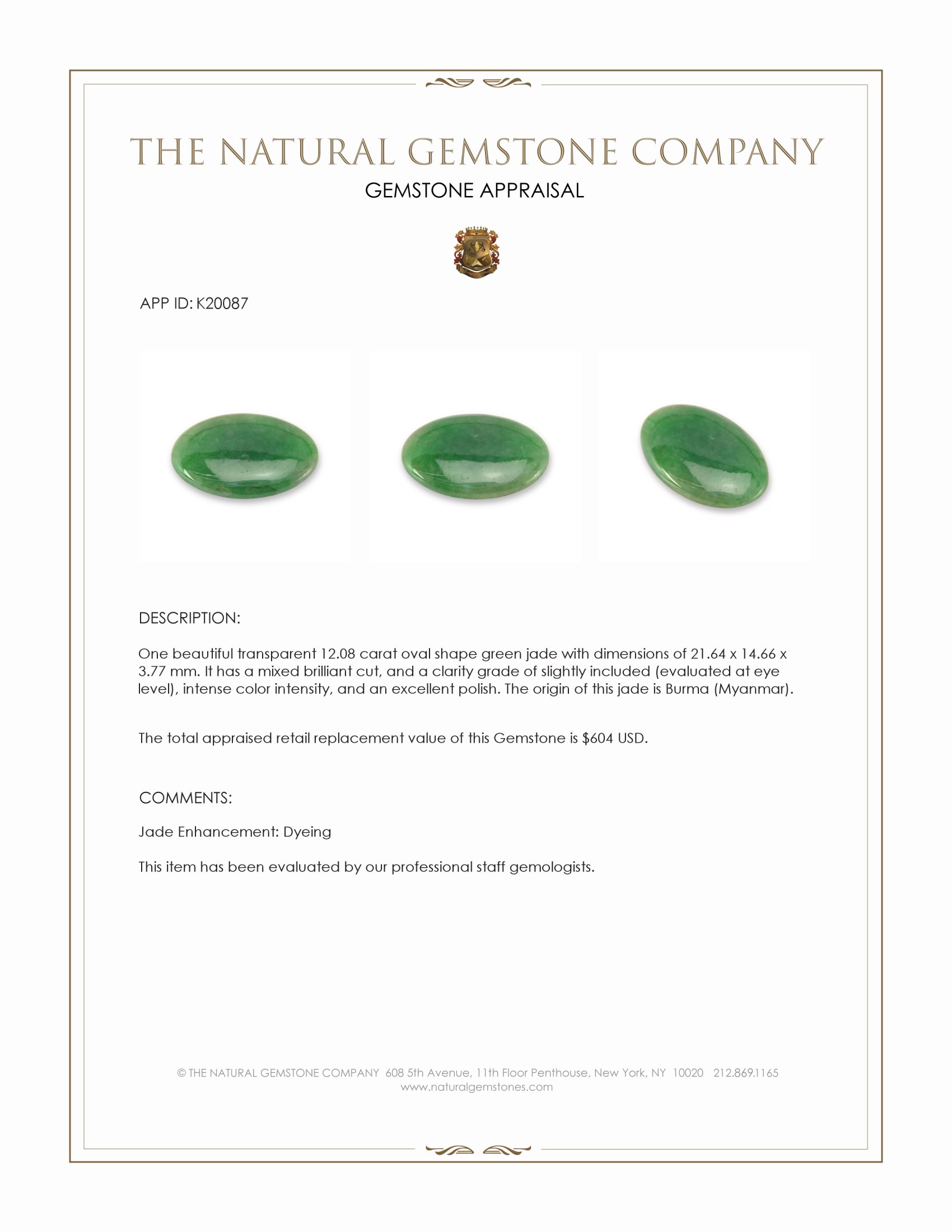 12.08 Ct. Green Jade from Burma (Myanmar)