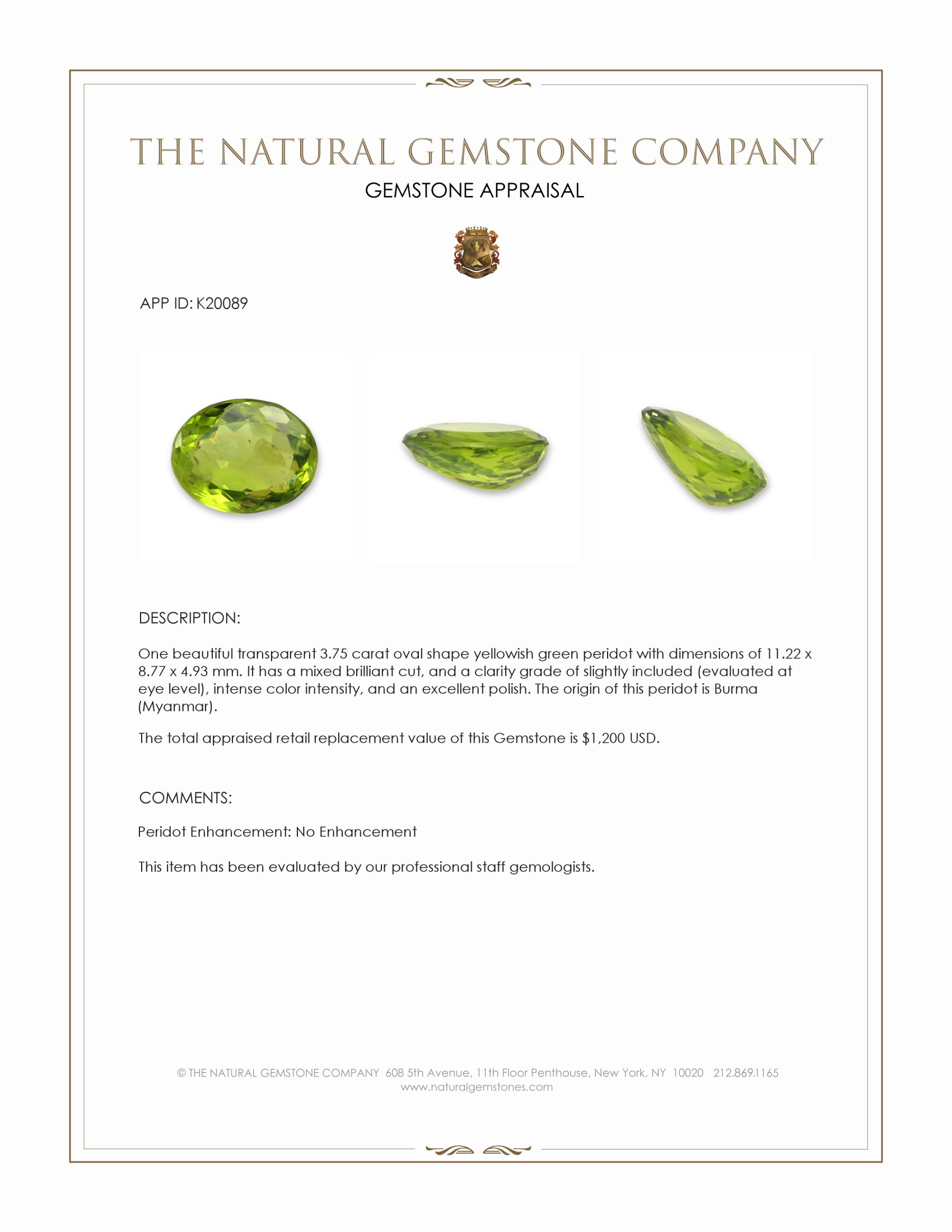 3.75 Ct. Yellowish Green Peridot from Burma (Myanmar)