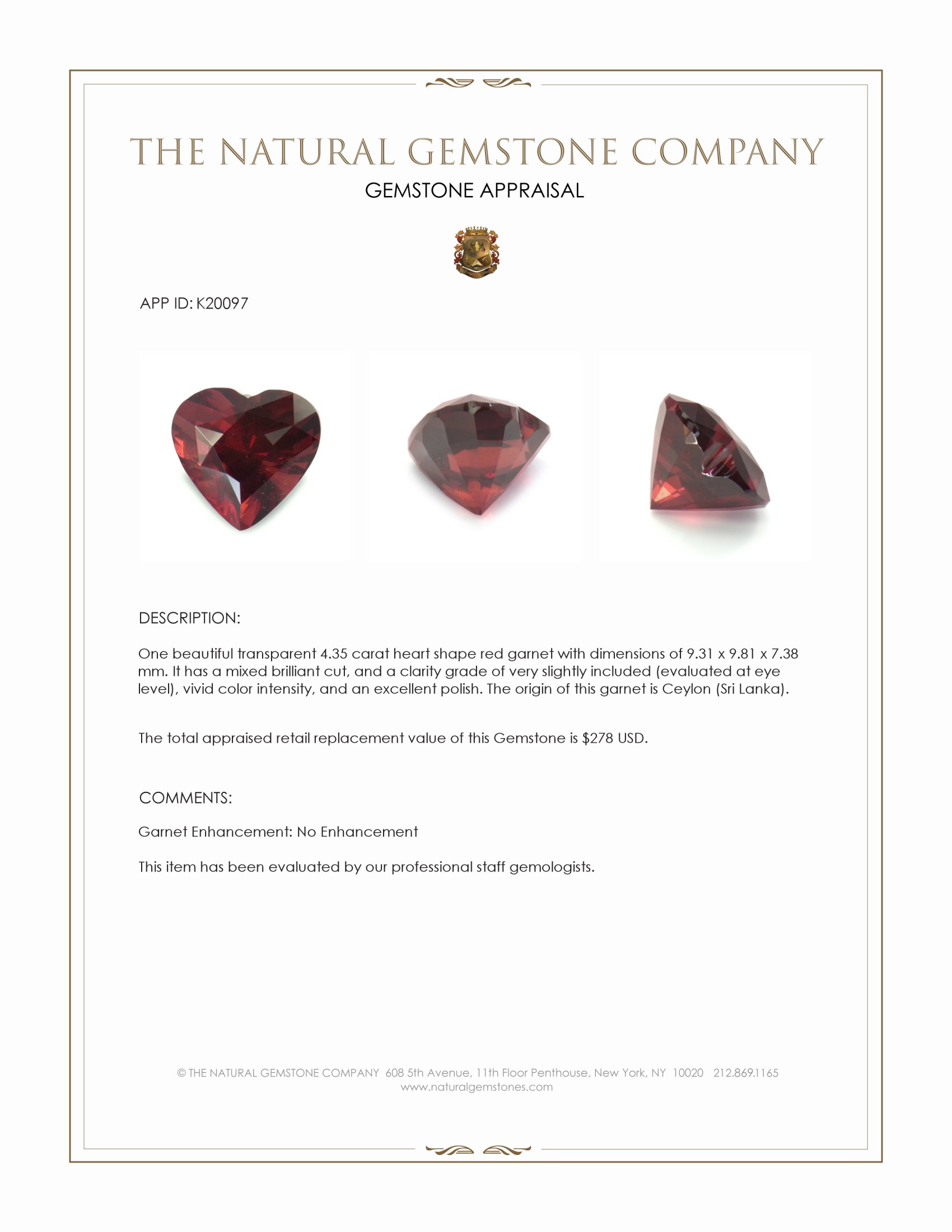 4.35 Ct. Garnet from Ceylon (Sri Lanka)