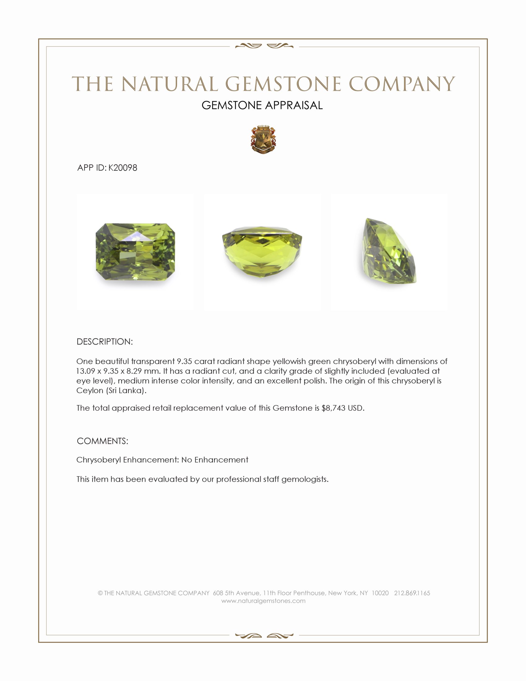 9.35 Ct. Chrysoberyl from Ceylon (Sri Lanka)