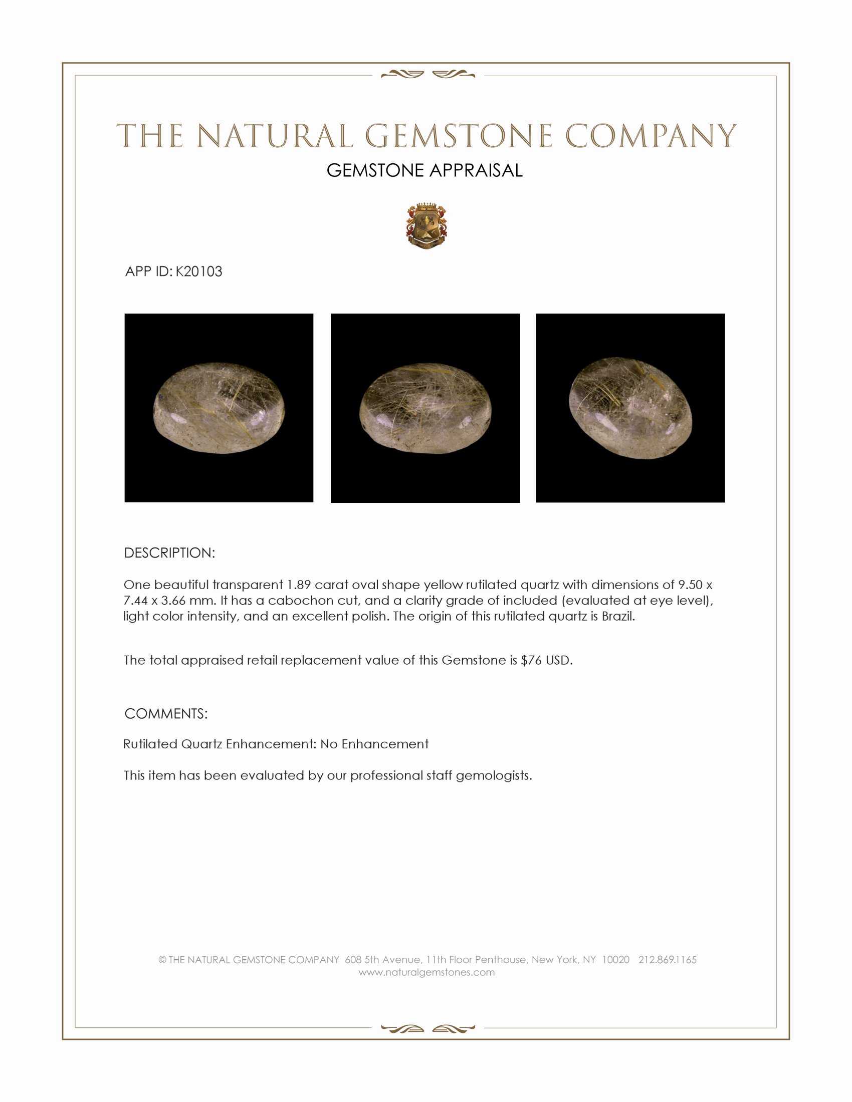 1.89 Ct. Cabochon Rutilated Quartz from Brazil