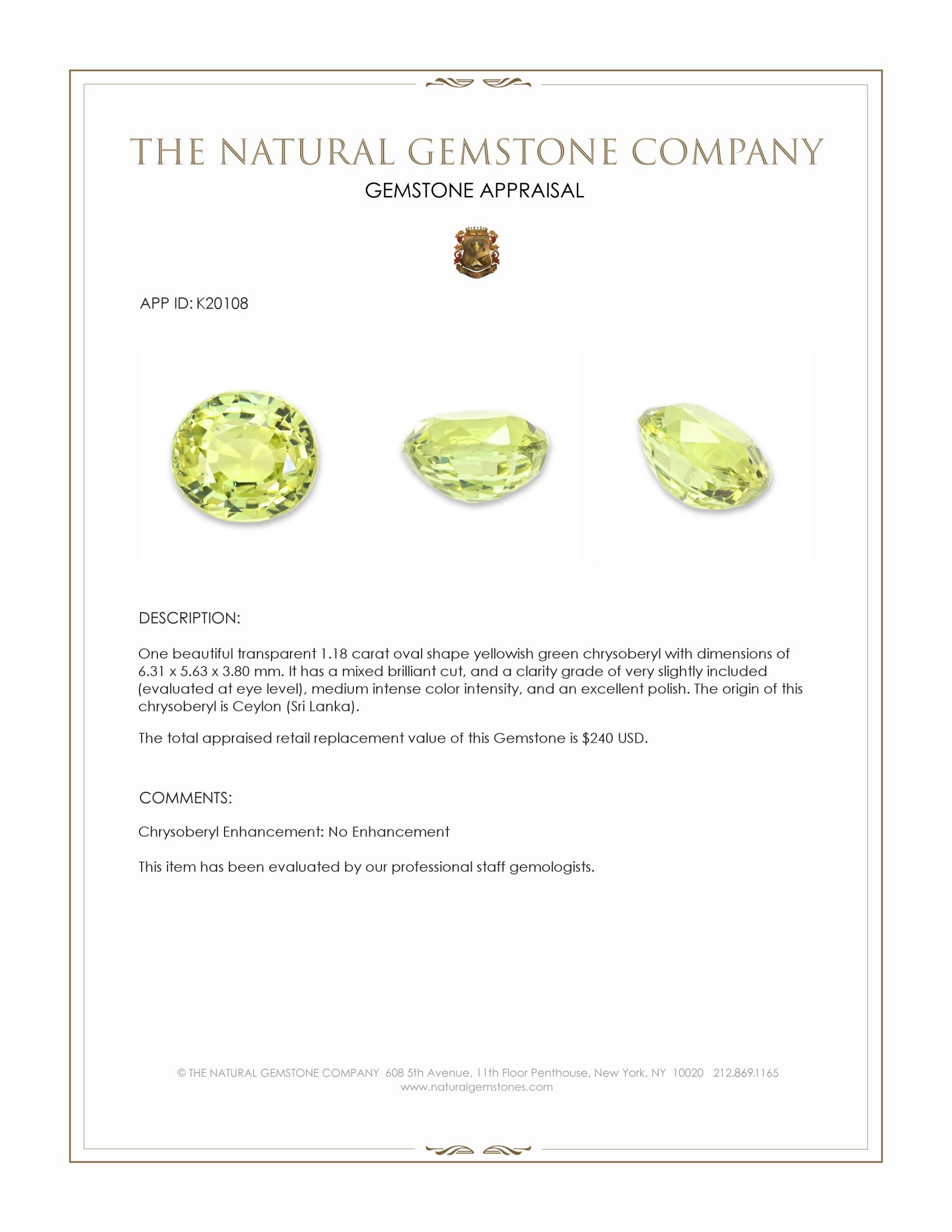 1.18 Ct. Yellowish Green Chrysoberyl from Ceylon (Sri Lanka)