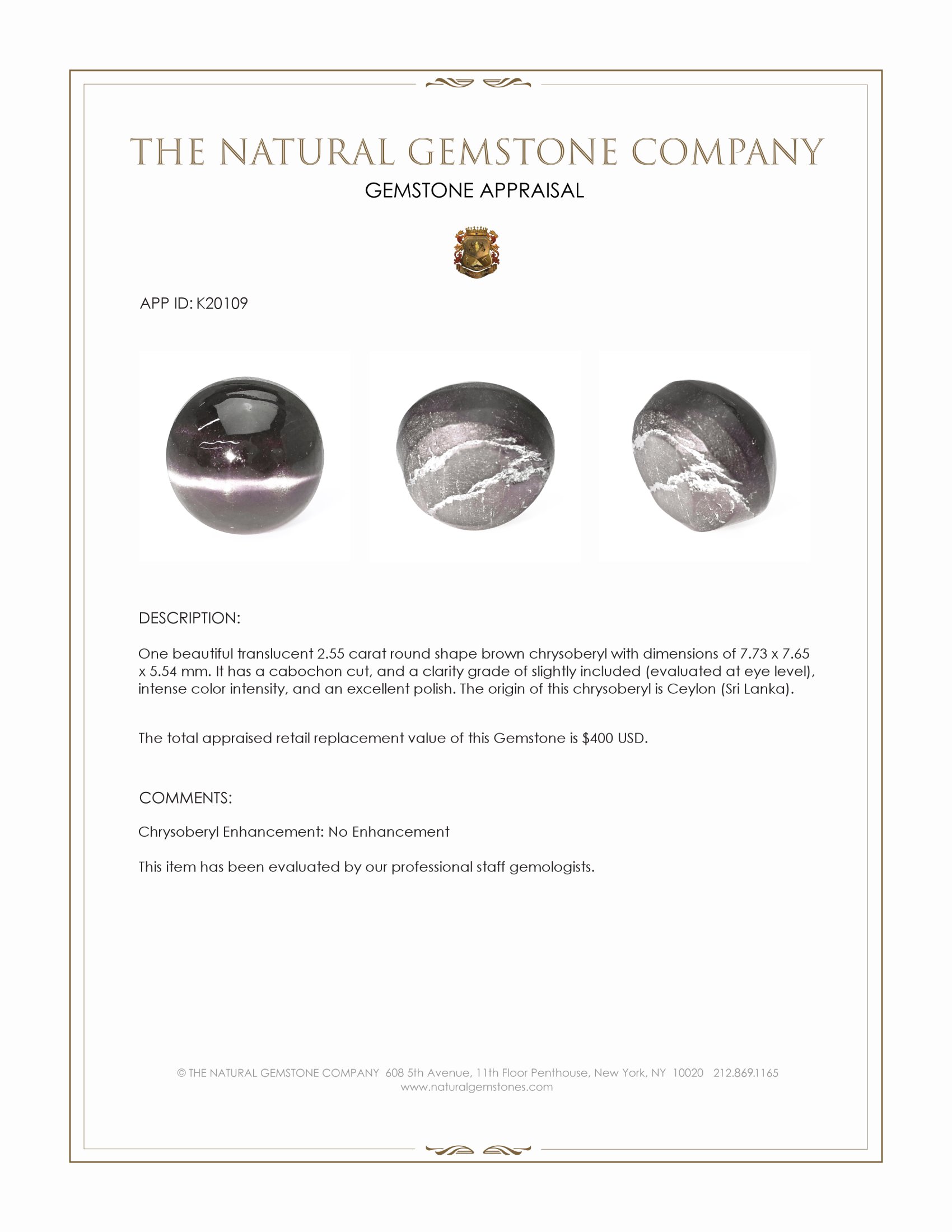 2.55 Ct. Cabochon Chrysoberyl from Ceylon (Sri Lanka)