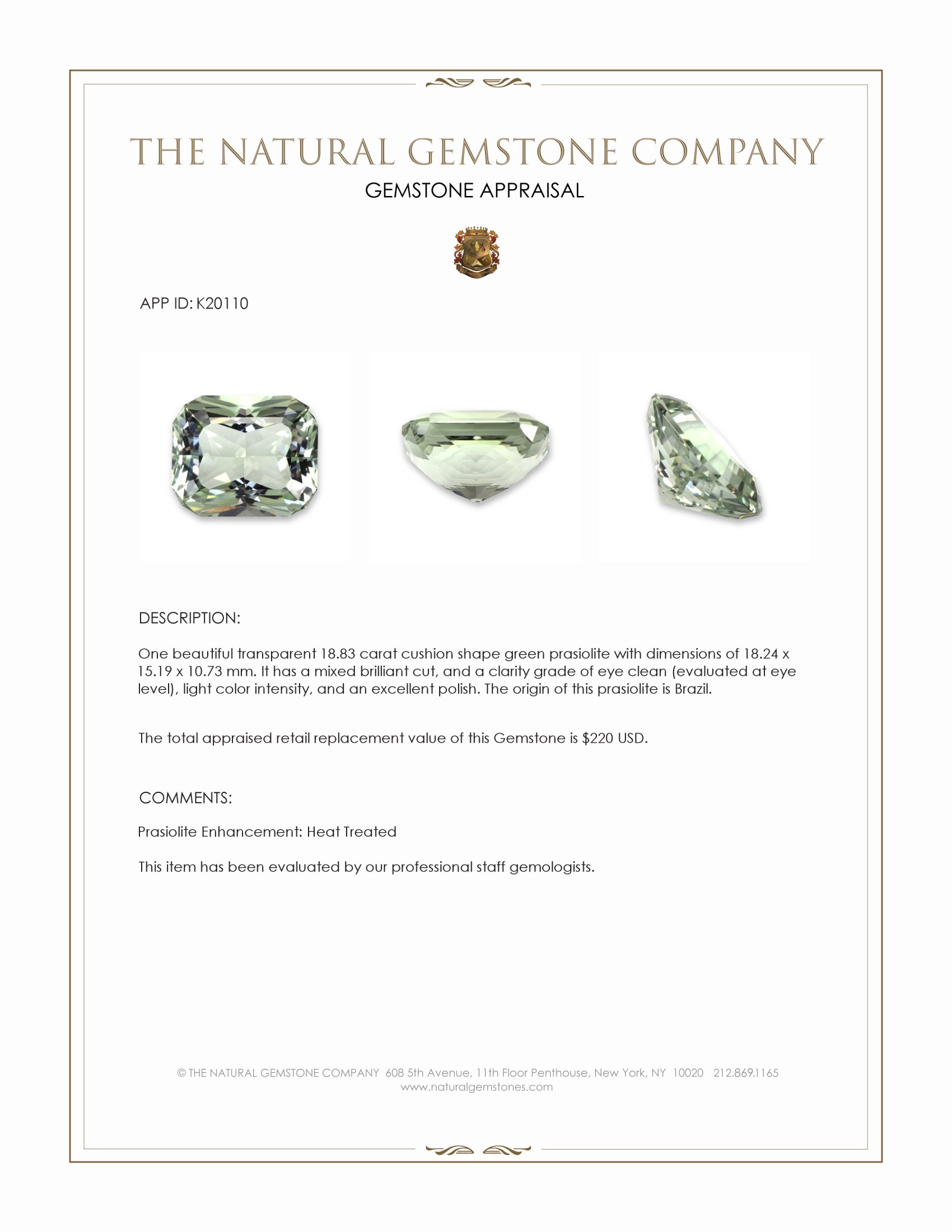 18.83 Ct. Green Prasiolite from Brazil